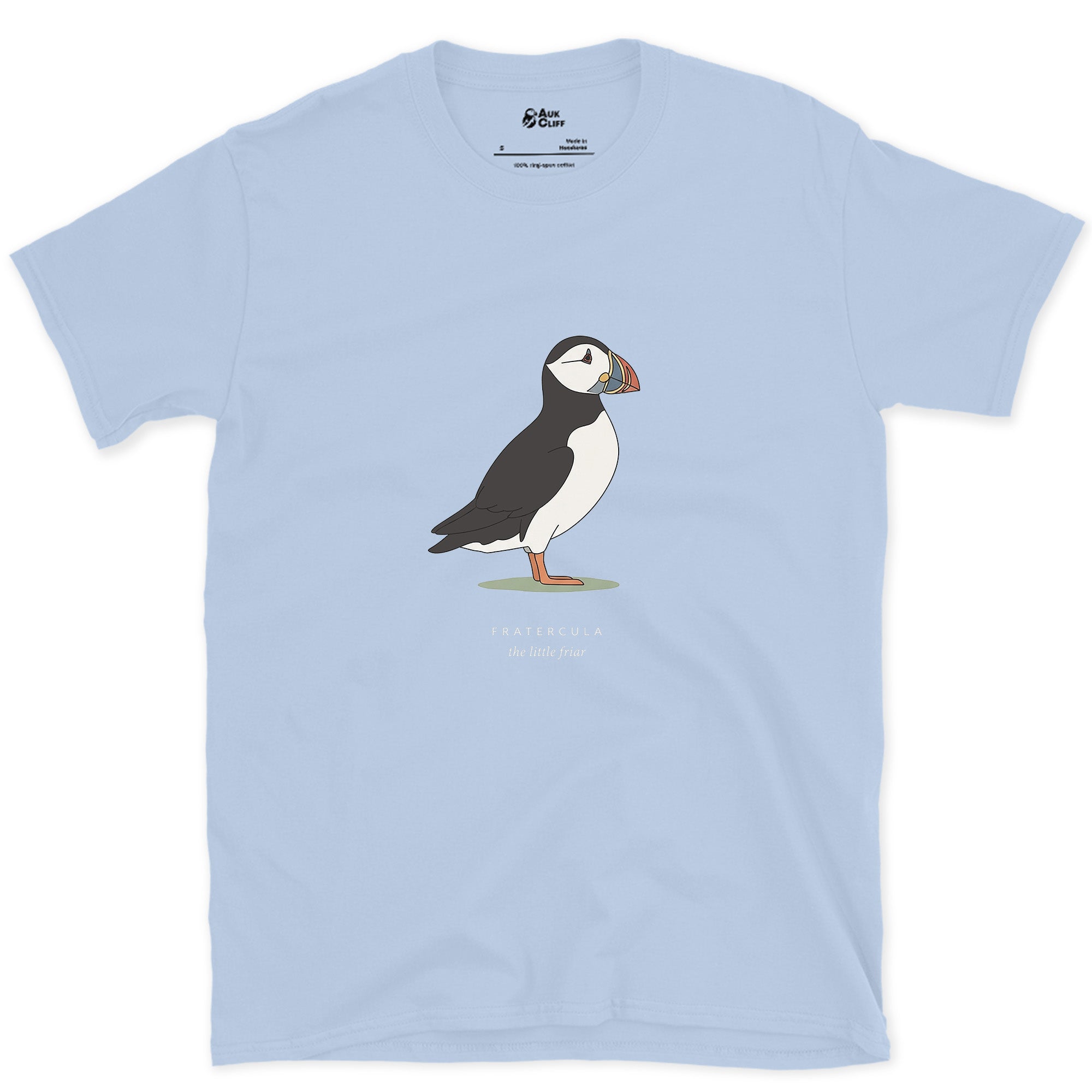 Fratercula, the Little Friar design on a Light Blue Gildan Softstyle t-shirt
