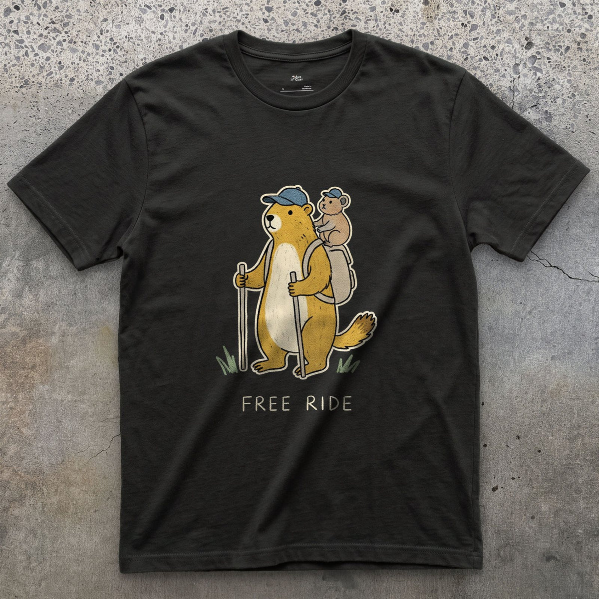 Free Ride, Marmot Hiker and Pika design on a Black Gildan Softstyle t-shirt