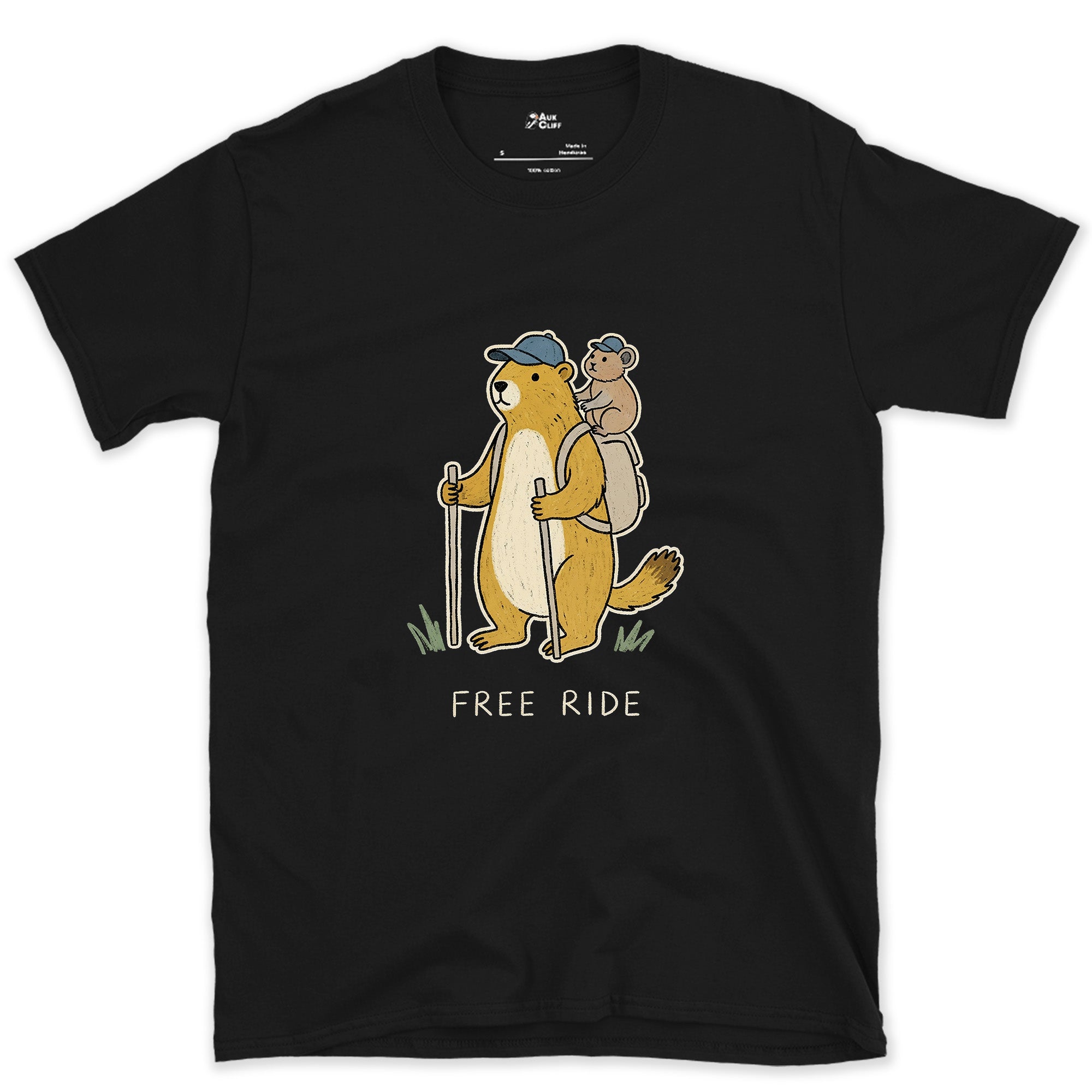 Free Ride, Marmot Hiker and Pika design on a Black Gildan Softstyle t-shirt