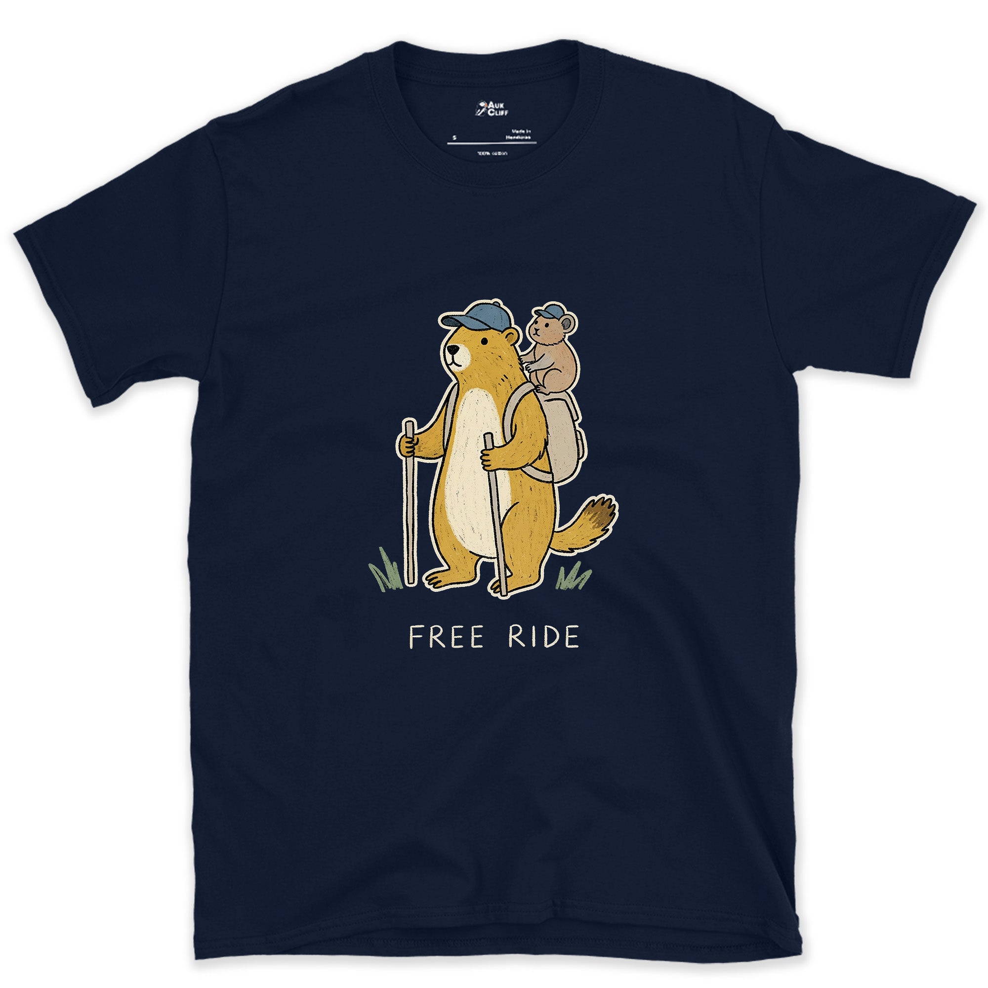 Free Ride, Marmot Hiker and Pika design on a Navy Gildan Softstyle t-shirt