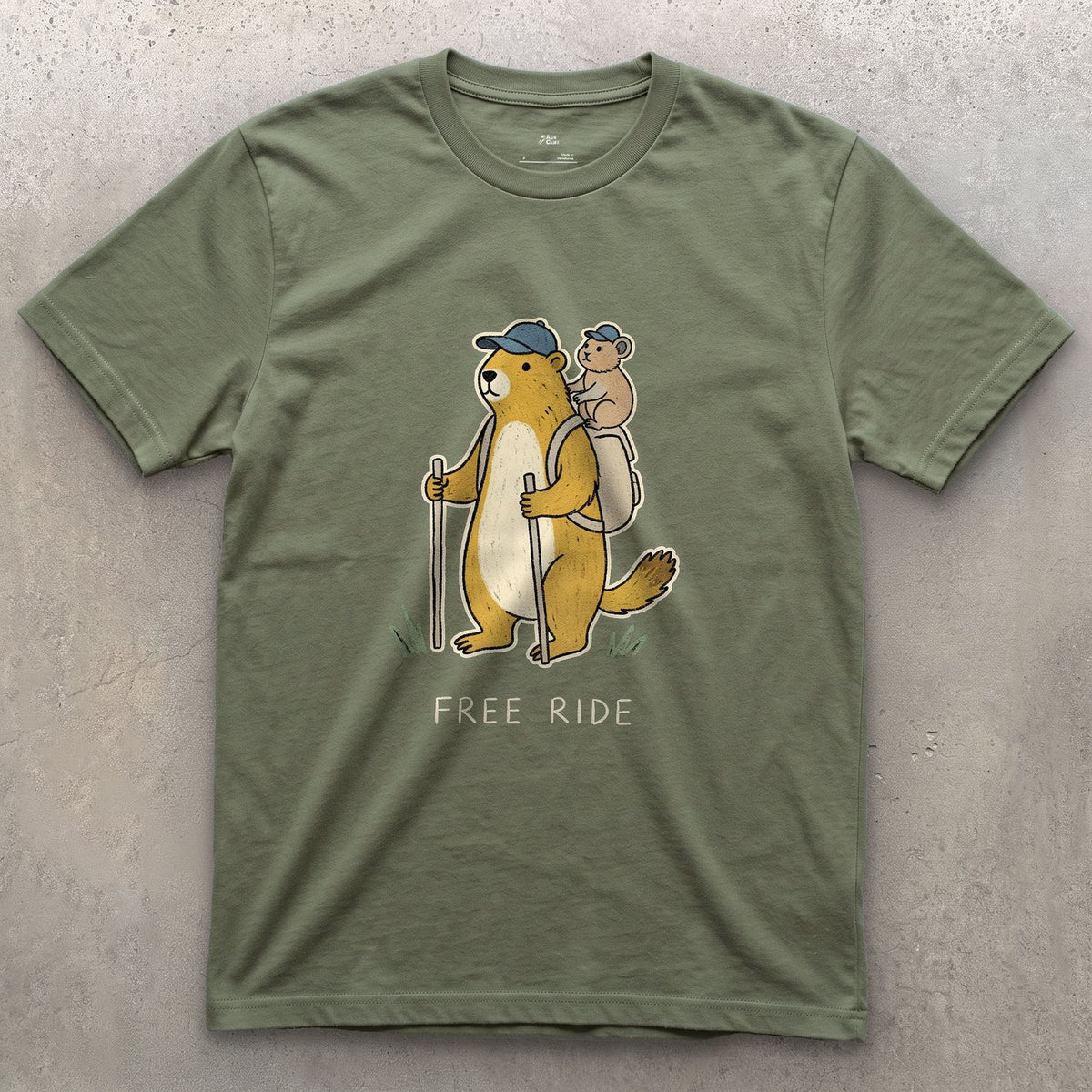 Free Ride, Marmot Hiker and Pika design on a Military Green Gildan Softstyle t-shirt