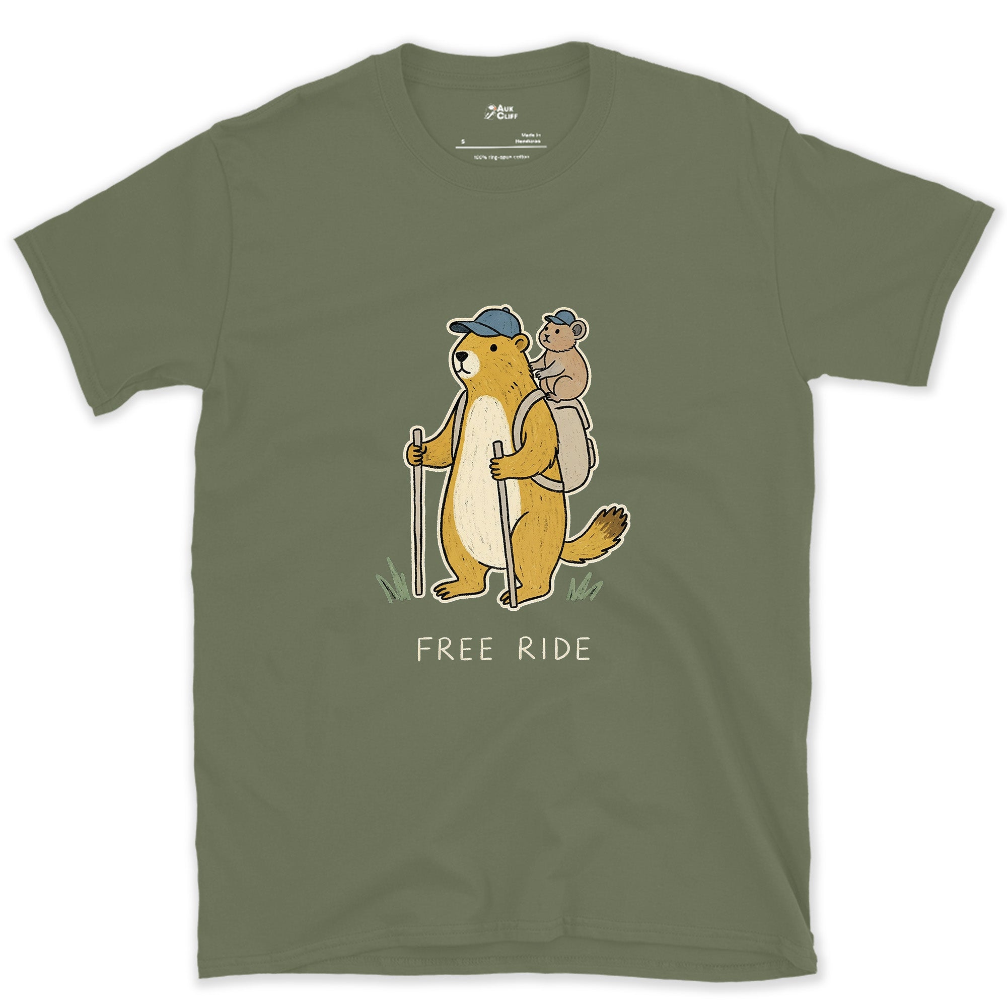 Free Ride, Marmot Hiker and Pika design on a Military Green Gildan Softstyle t-shirt