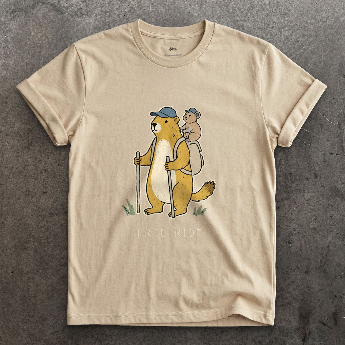 Free Ride, Marmot Hiker and Pika design on a Sand Gildan Softstyle t-shirt