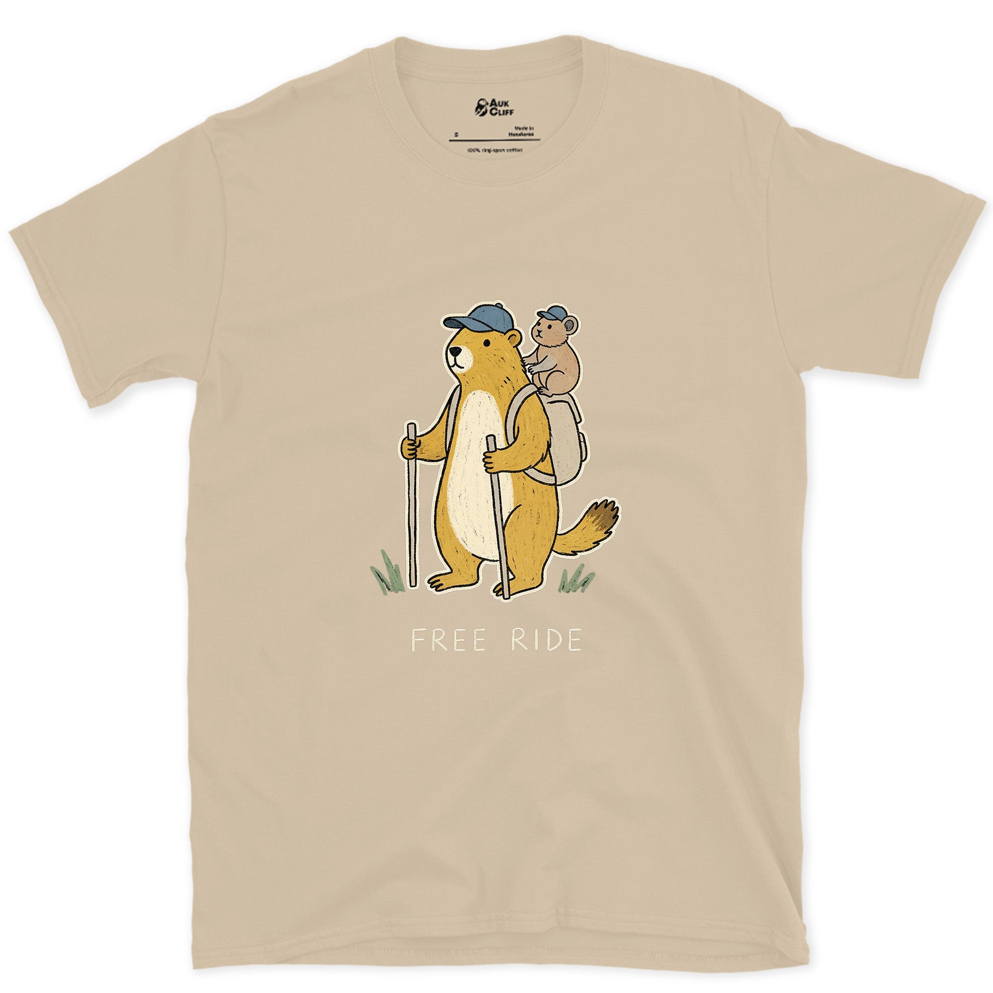 Free Ride, Marmot Hiker and Pika design on a Sand Gildan Softstyle t-shirt