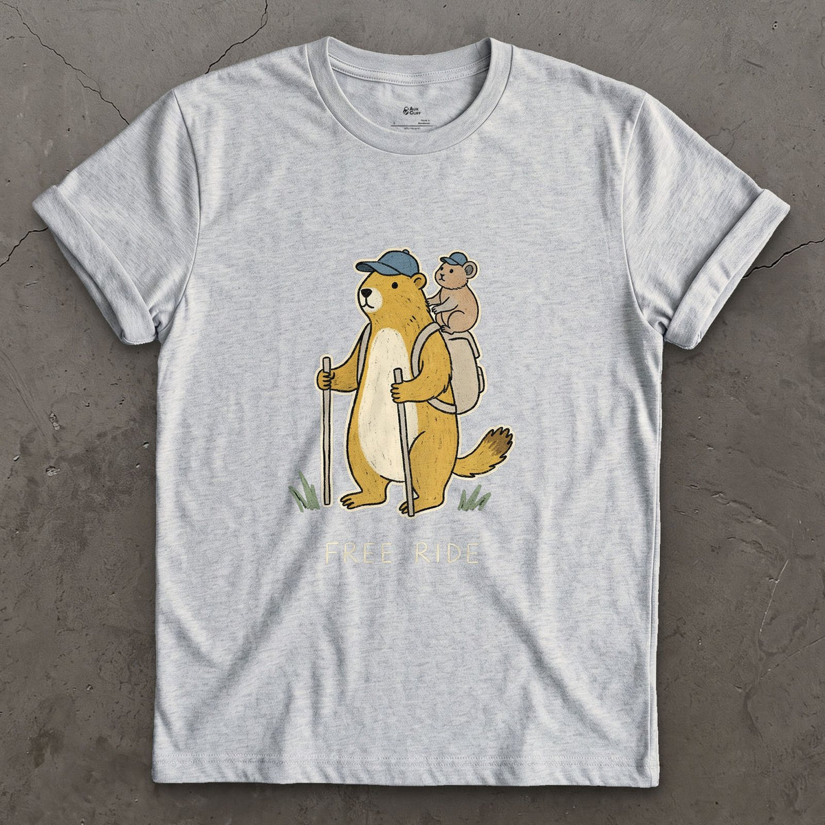 Free Ride, Marmot Hiker and Pika design on a Sport Grey Gildan Softstyle t-shirt