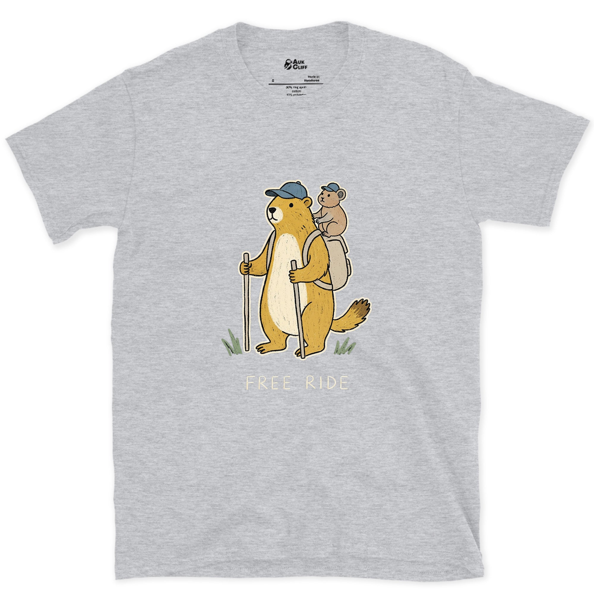 Free Ride, Marmot Hiker and Pika design on a Sport Grey Gildan Softstyle t-shirt