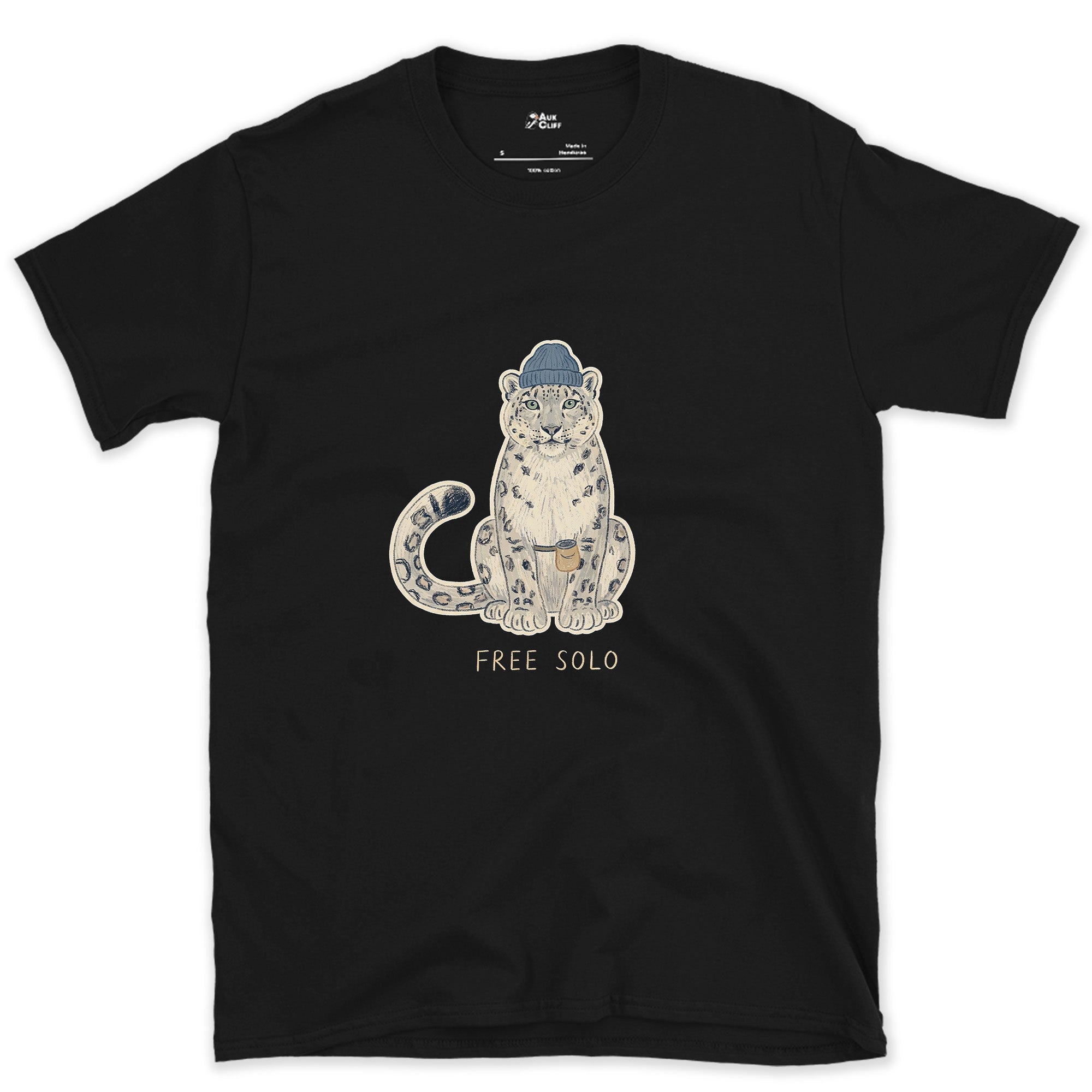 Free Solo Climber, Snow Leopard in a Beanie design on a Black Gildan Softstyle t-shirt