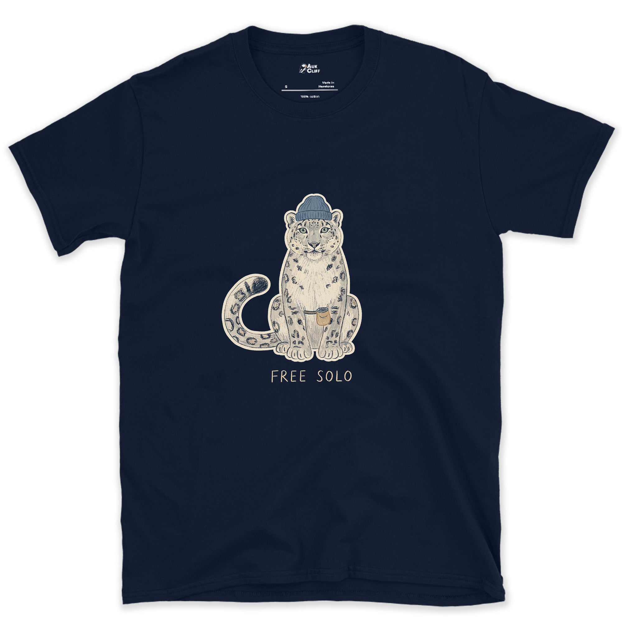 Free Solo Climber, Snow Leopard in a Beanie design on a Navy Gildan Softstyle t-shirt