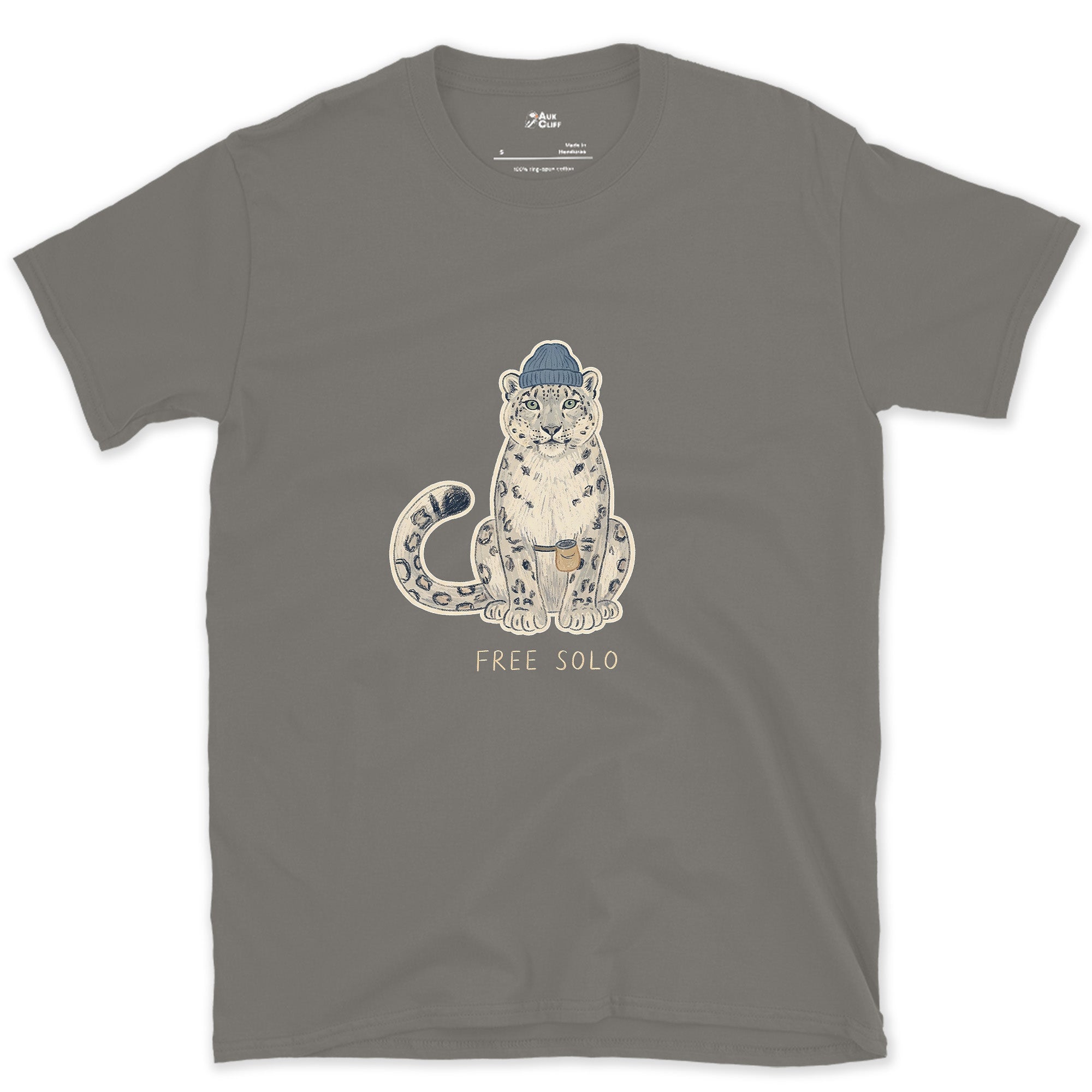 Free Solo Climber, Snow Leopard in a Beanie design on a Charcoal Gildan Softstyle t-shirt