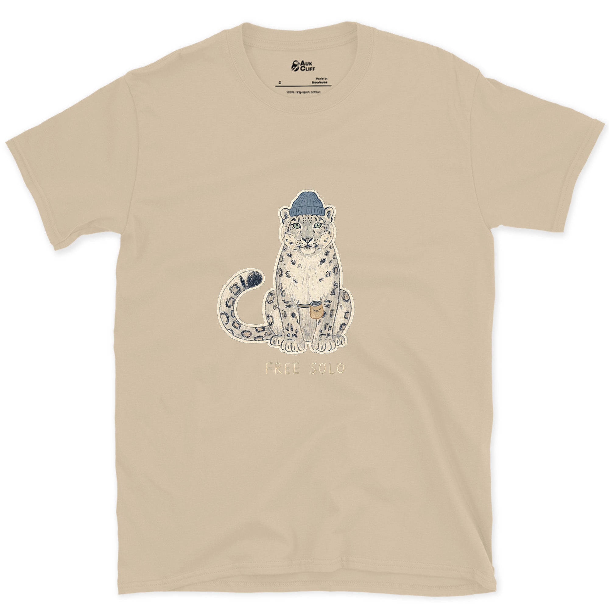 Free Solo Climber, Snow Leopard in a Beanie design on a Sand Gildan Softstyle t-shirt