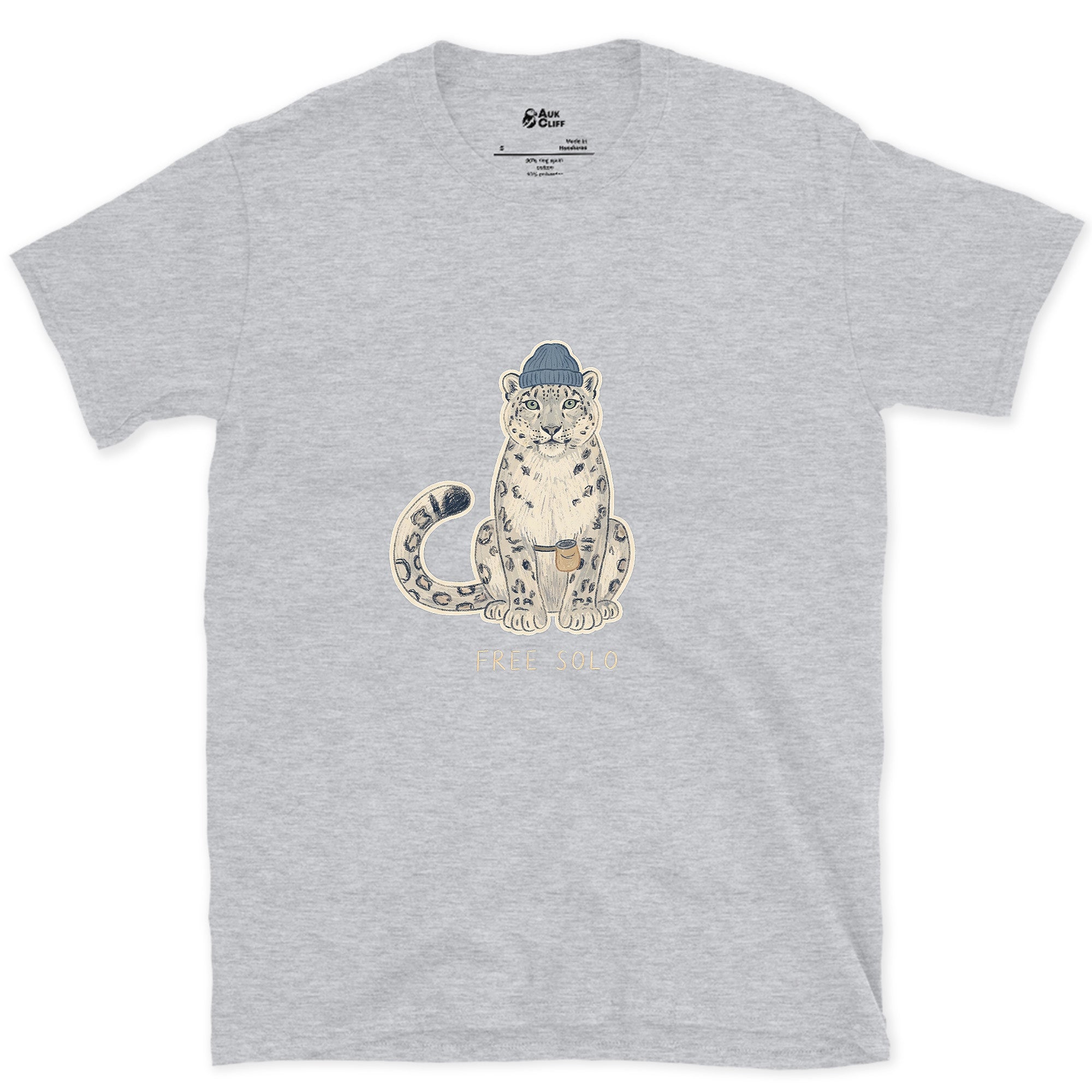 Free Solo Climber, Snow Leopard in a Beanie design on a Sport Grey Gildan Softstyle t-shirt
