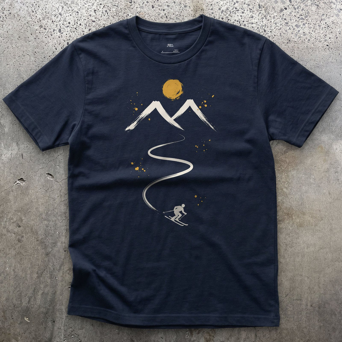 Fresh Tracks Ski design on a Navy Gildan Softstyle t-shirt