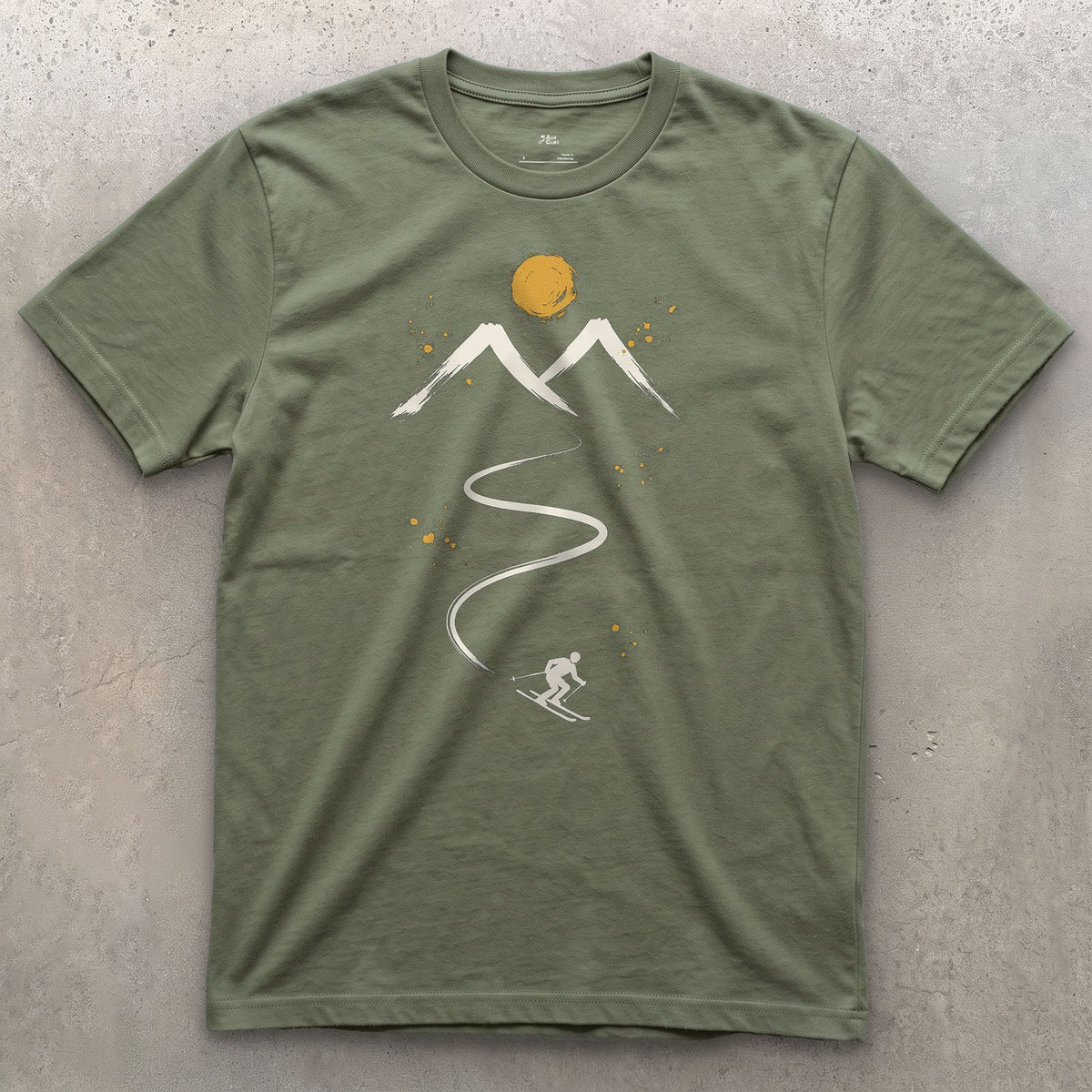 Fresh Tracks Ski design on a Military Green Gildan Softstyle t-shirt