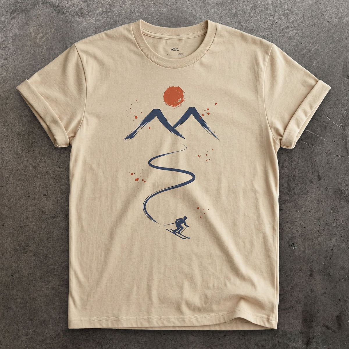 Fresh Tracks Ski design on a Sand Gildan Softstyle t-shirt