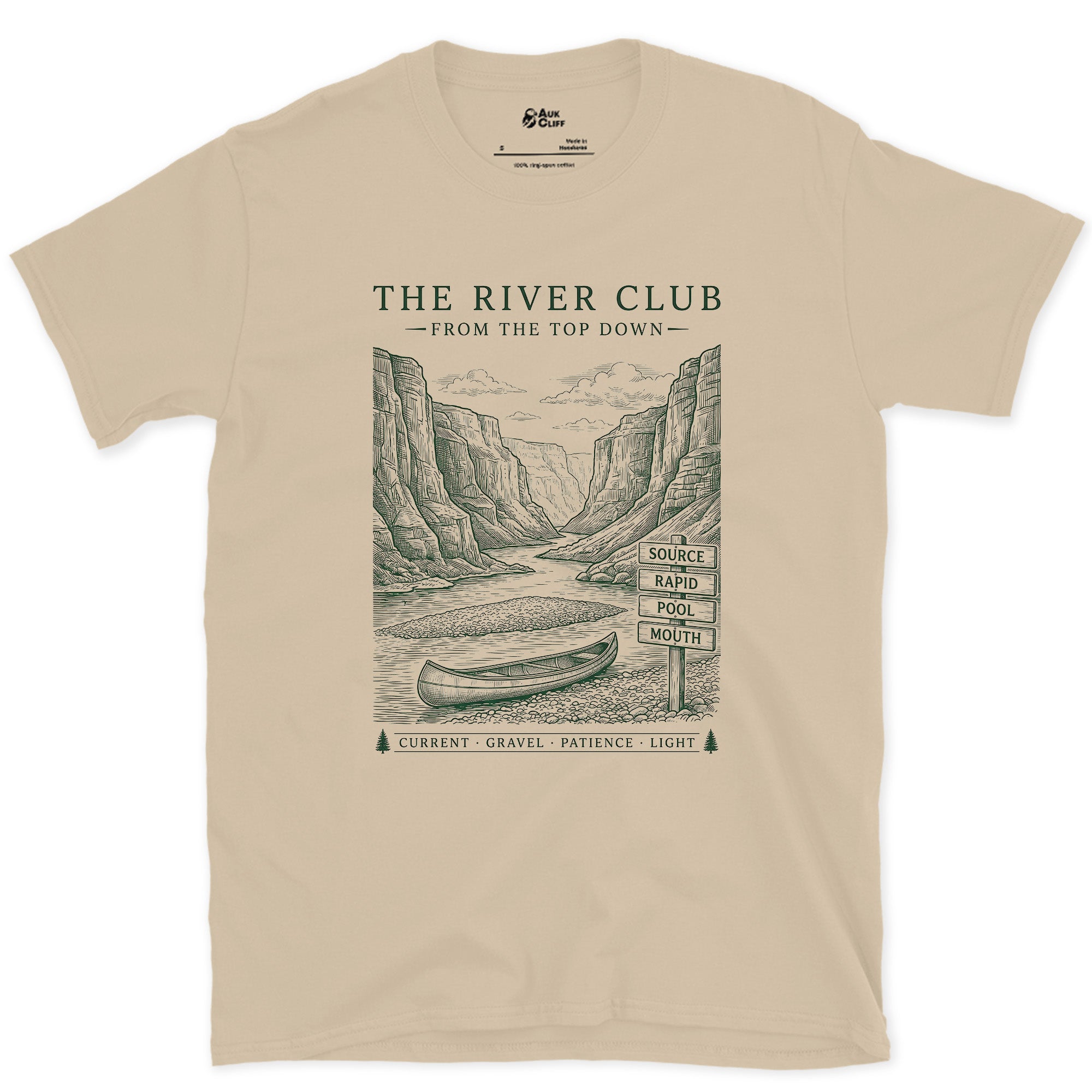 Canyon and Canoe, River Club design on a Sand Gildan Softstyle t-shirt