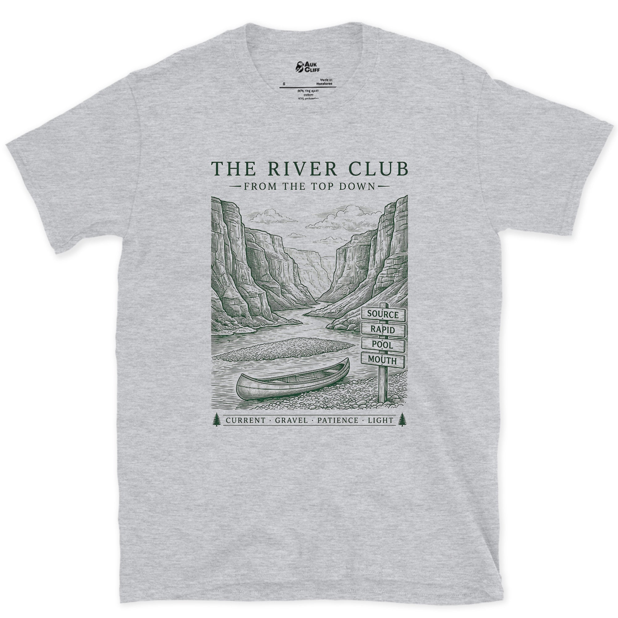 Canyon and Canoe, River Club design on a Sport Grey Gildan Softstyle t-shirt