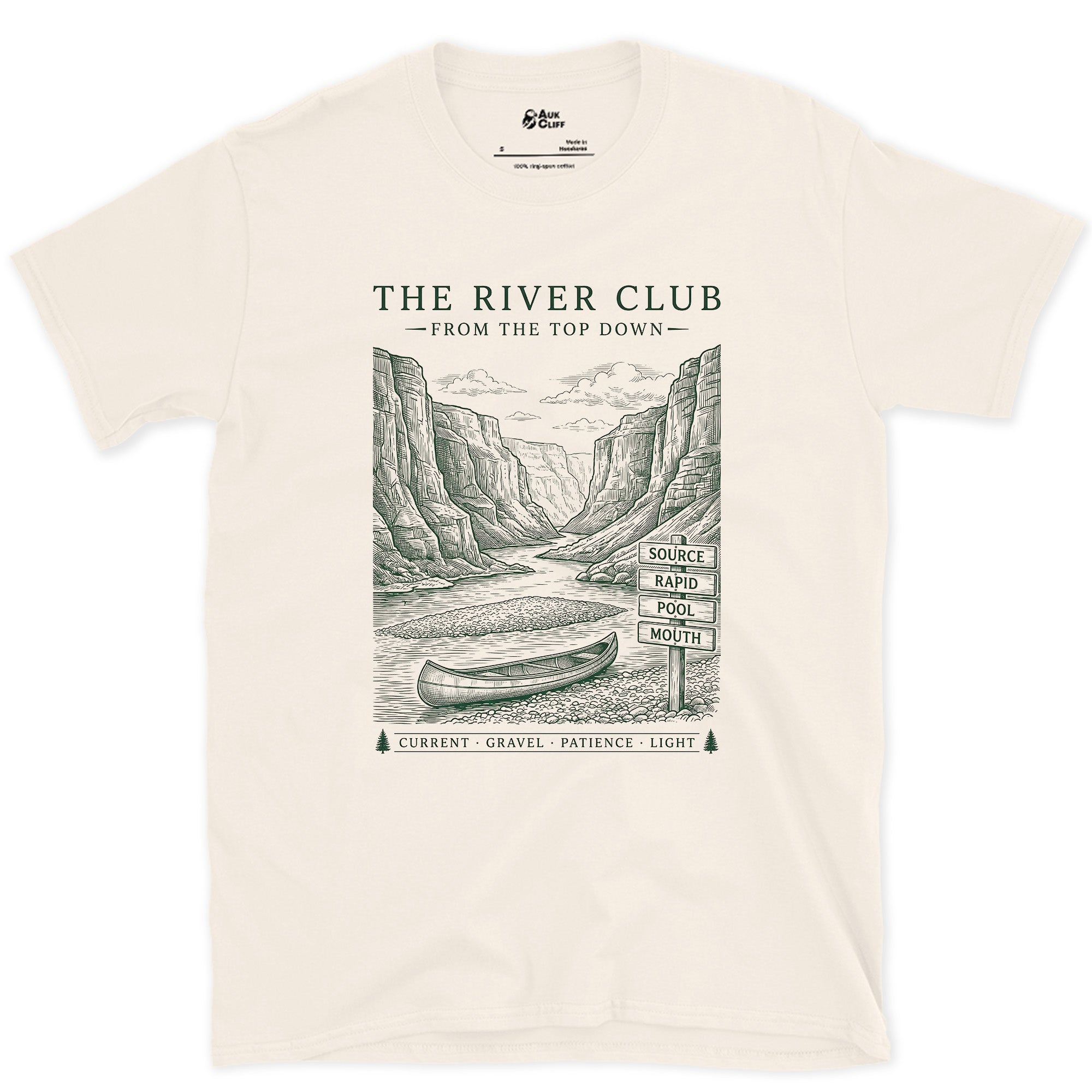 Canyon and Canoe, River Club design on a Natural Gildan Softstyle t-shirt