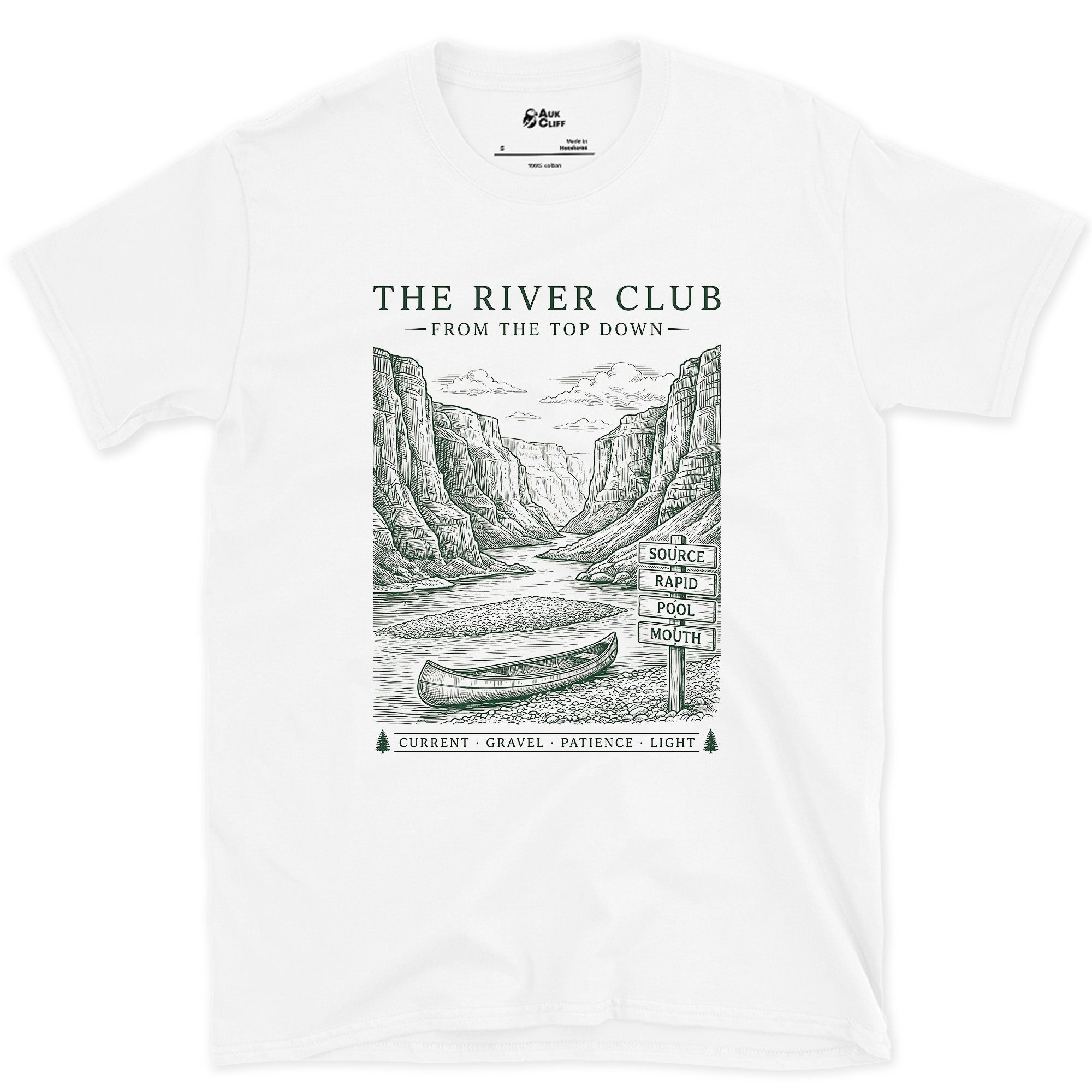 Canyon and Canoe, River Club design on a White Gildan Softstyle t-shirt