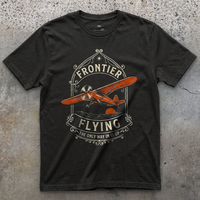 Frontier Flying, Only Way Up design on a Black Gildan Softstyle t-shirt
