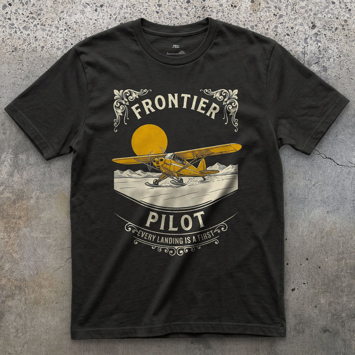 Frontier Pilot, Every Landing design on a Black Gildan Softstyle t-shirt