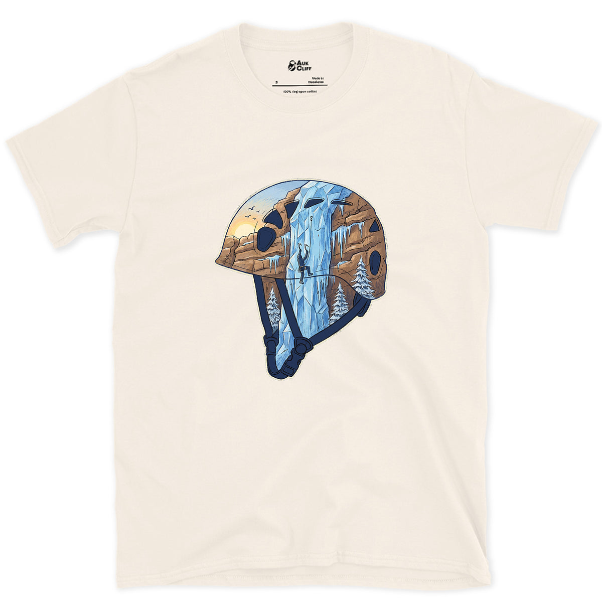 Frozen Waterfall in the Climbing Helmet design on a Natural Gildan Softstyle t-shirt