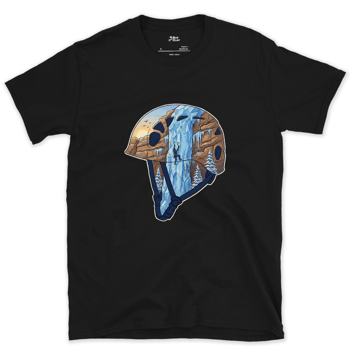 Frozen Waterfall in the Climbing Helmet design on a Black Gildan Softstyle t-shirt