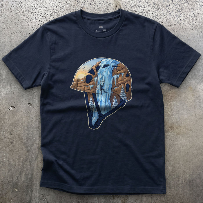 Frozen Waterfall in the Climbing Helmet design on a Navy Gildan Softstyle t-shirt