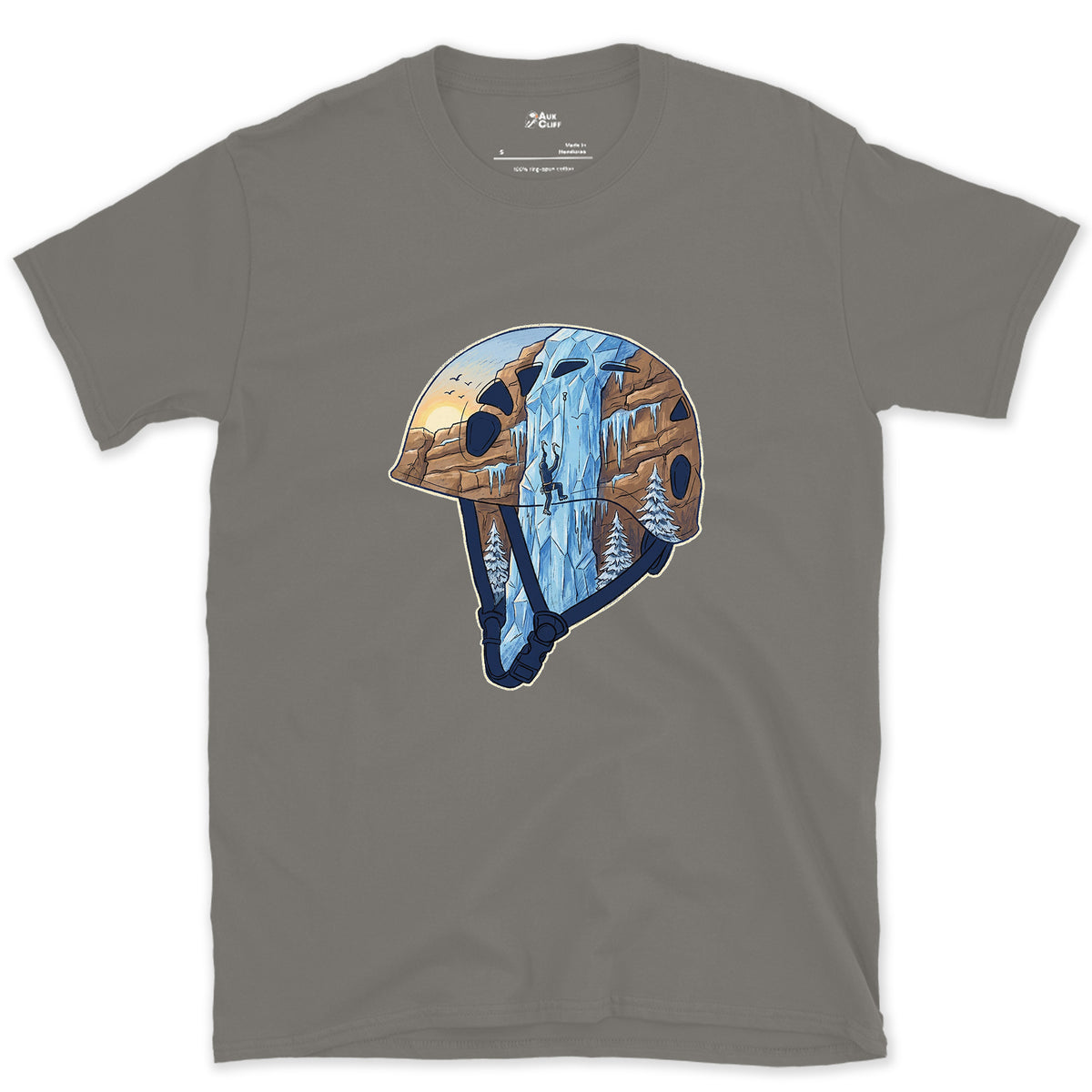 Frozen Waterfall in the Climbing Helmet design on a Charcoal Gildan Softstyle t-shirt