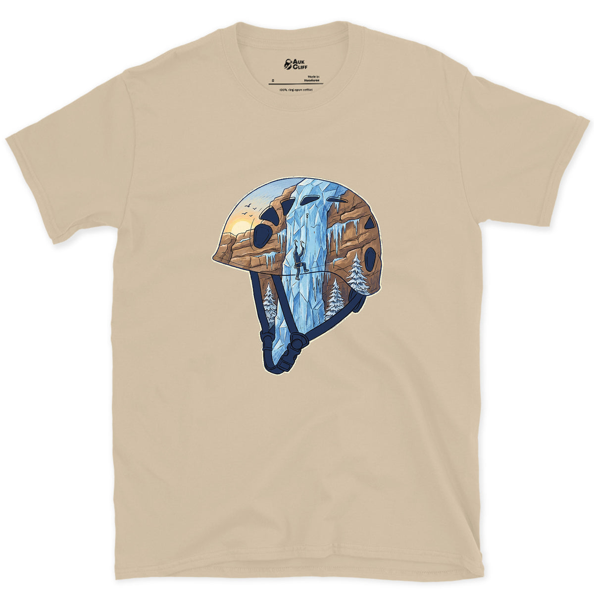 Frozen Waterfall in the Climbing Helmet design on a Sand Gildan Softstyle t-shirt