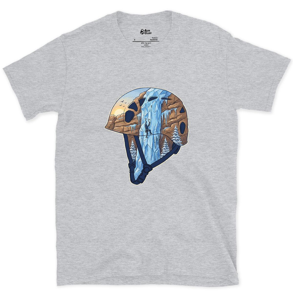 Frozen Waterfall in the Climbing Helmet design on a Sport Grey Gildan Softstyle t-shirt