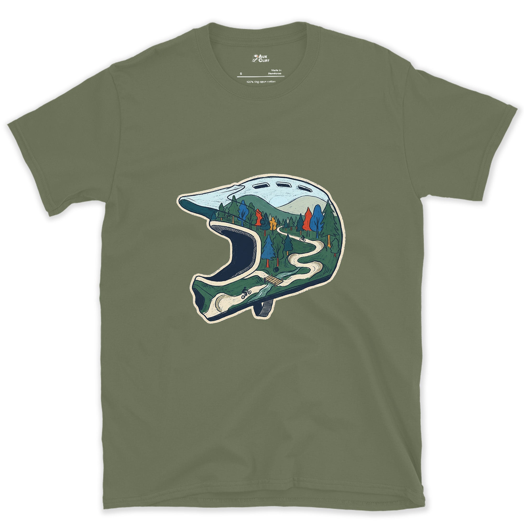 The Ride Replayed Inside the Helmet design on a Military Green Gildan Softstyle t-shirt