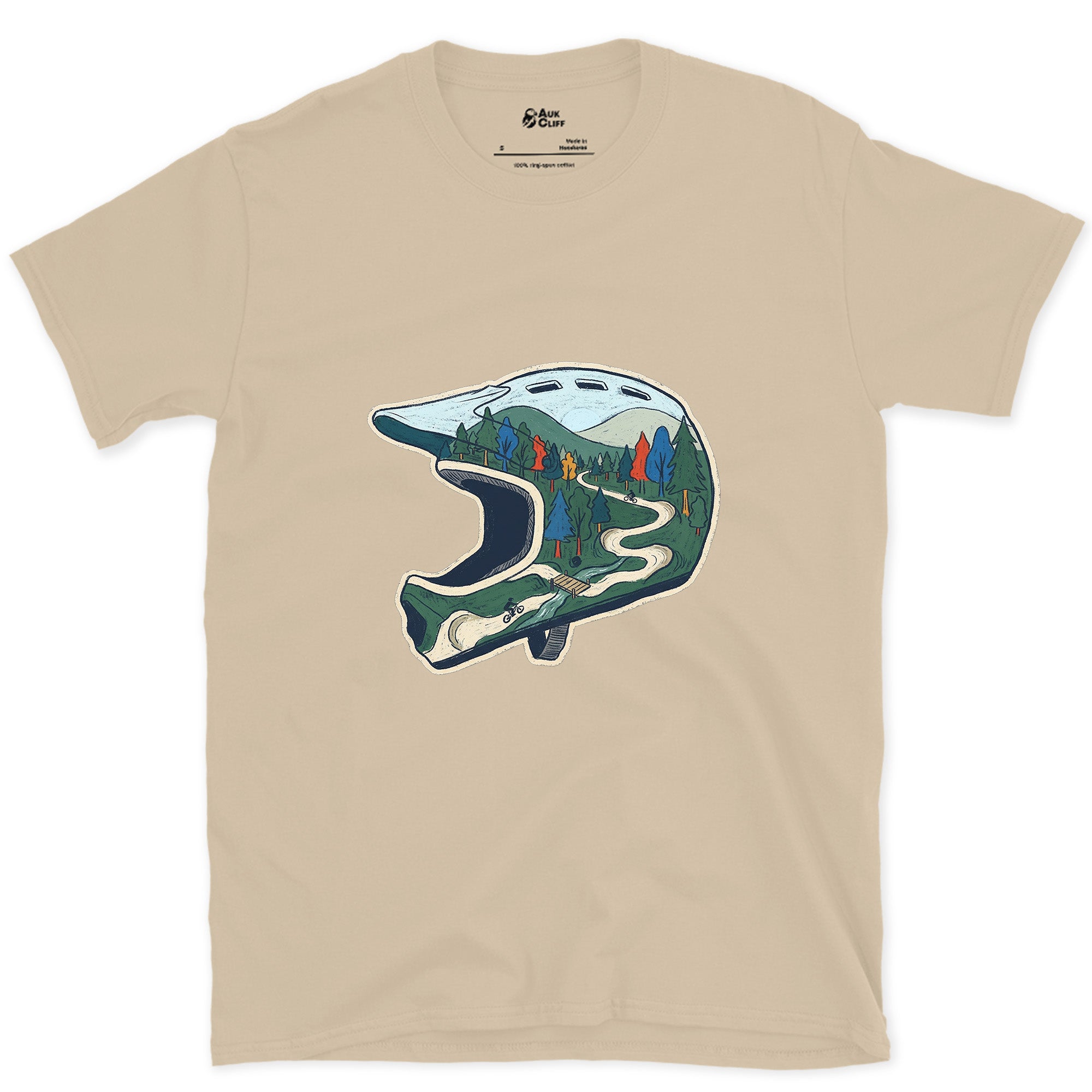 The Ride Replayed Inside the Helmet design on a Sand Gildan Softstyle t-shirt