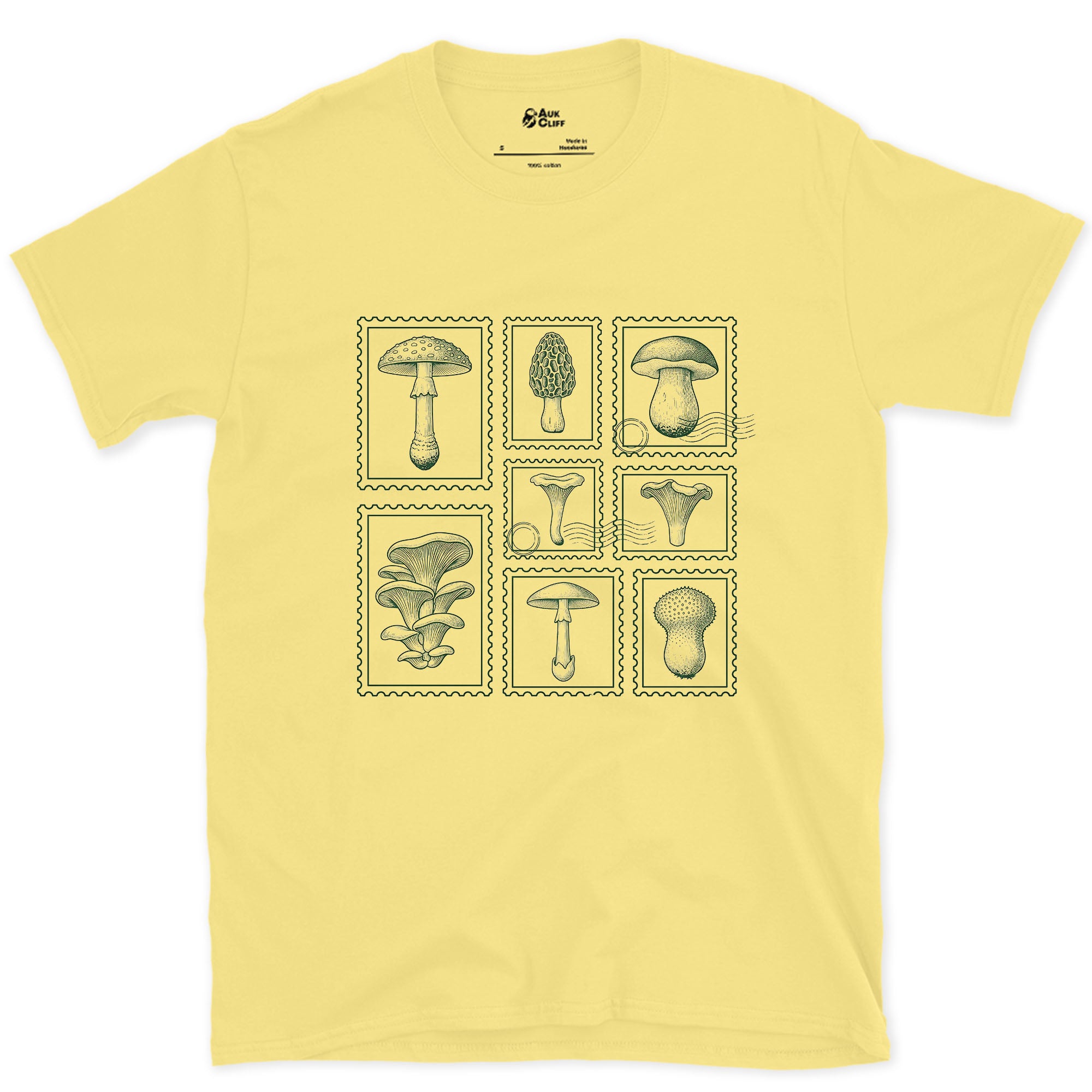 Four Mushrooms Foraged and Framed design on a Cornsilk Gildan Softstyle t-shirt