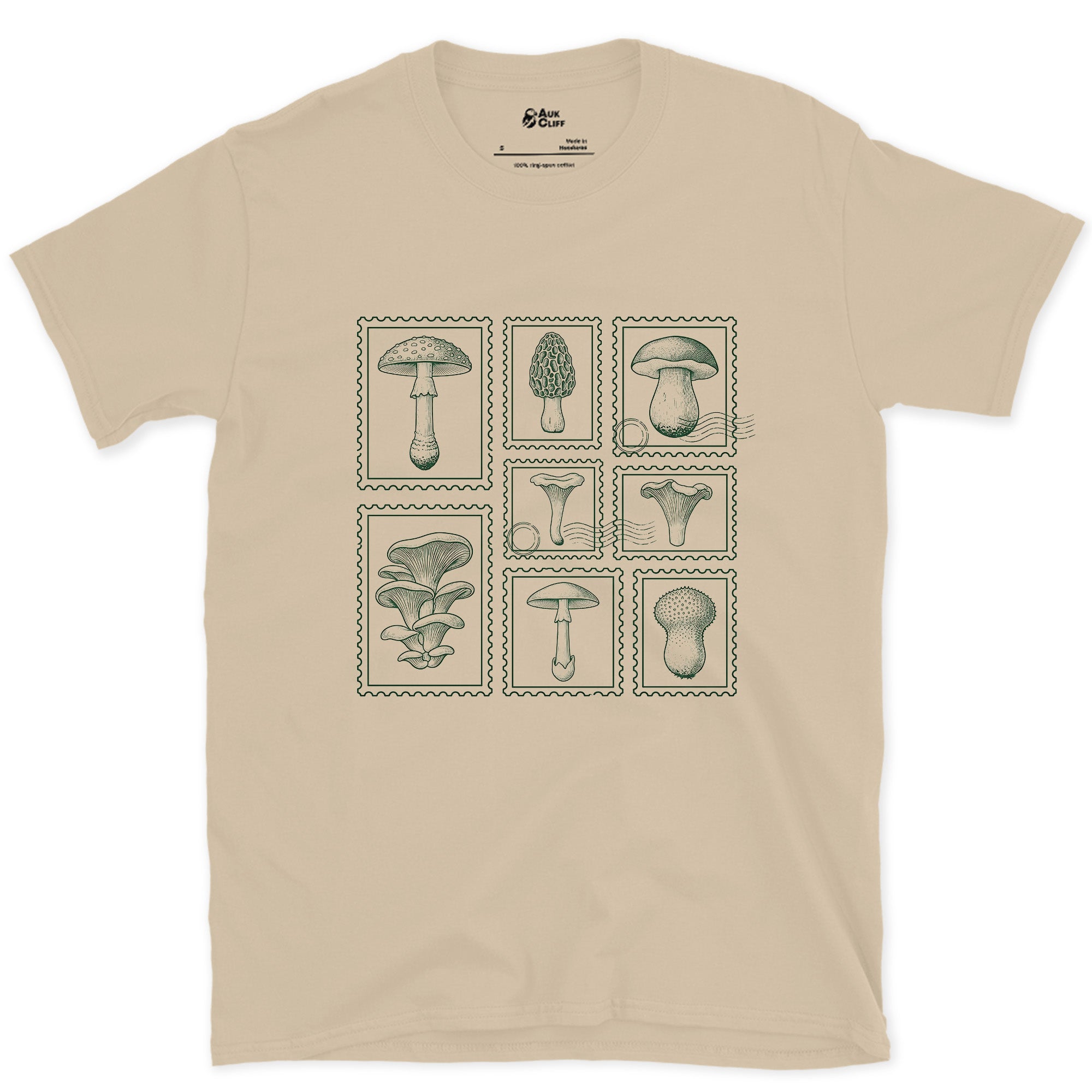 Four Mushrooms Foraged and Framed design on a Sand Gildan Softstyle t-shirt
