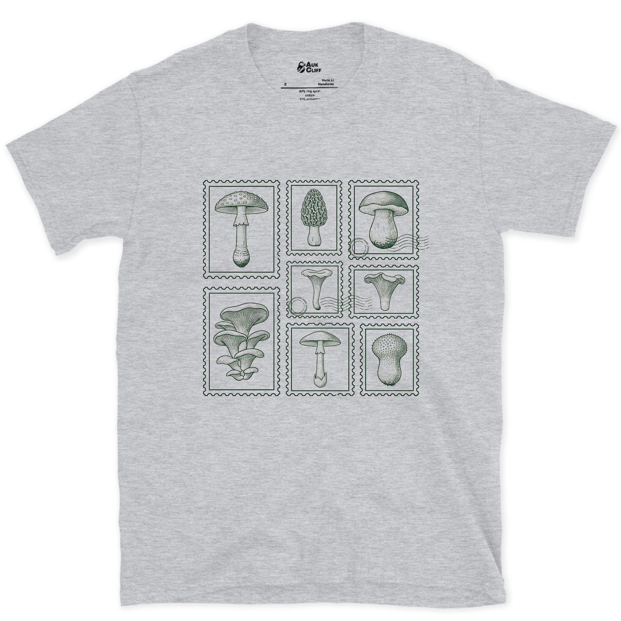 Four Mushrooms Foraged and Framed design on a Sport Grey Gildan Softstyle t-shirt
