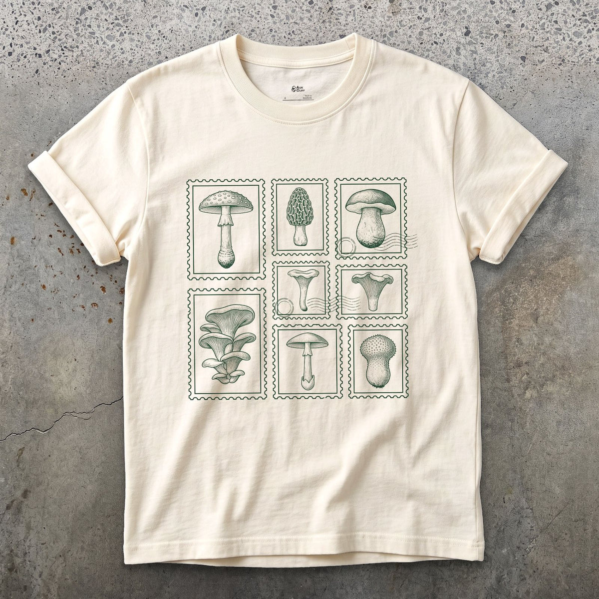 Four Mushrooms Foraged and Framed design on a Natural Gildan Softstyle t-shirt