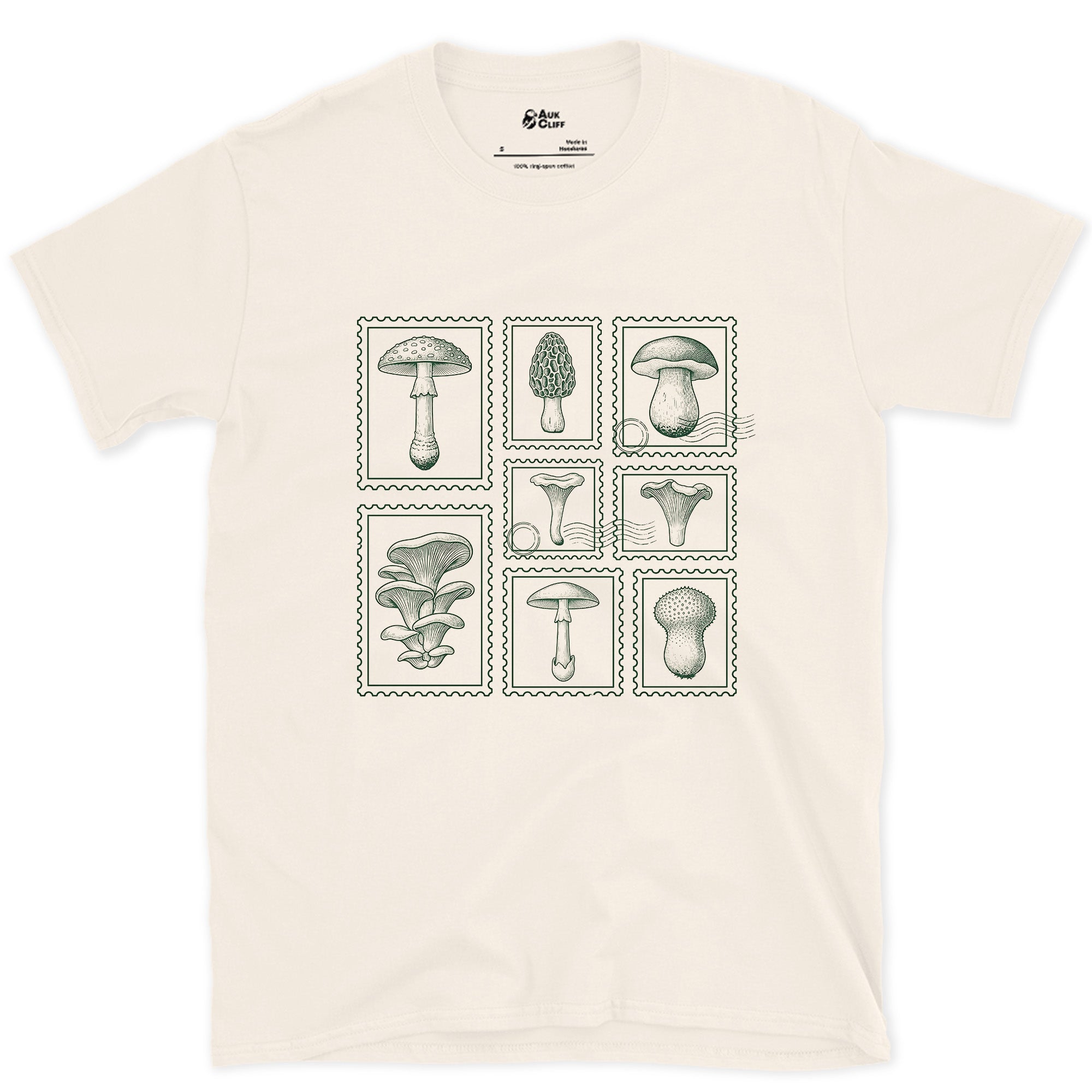 Four Mushrooms Foraged and Framed design on a Natural Gildan Softstyle t-shirt