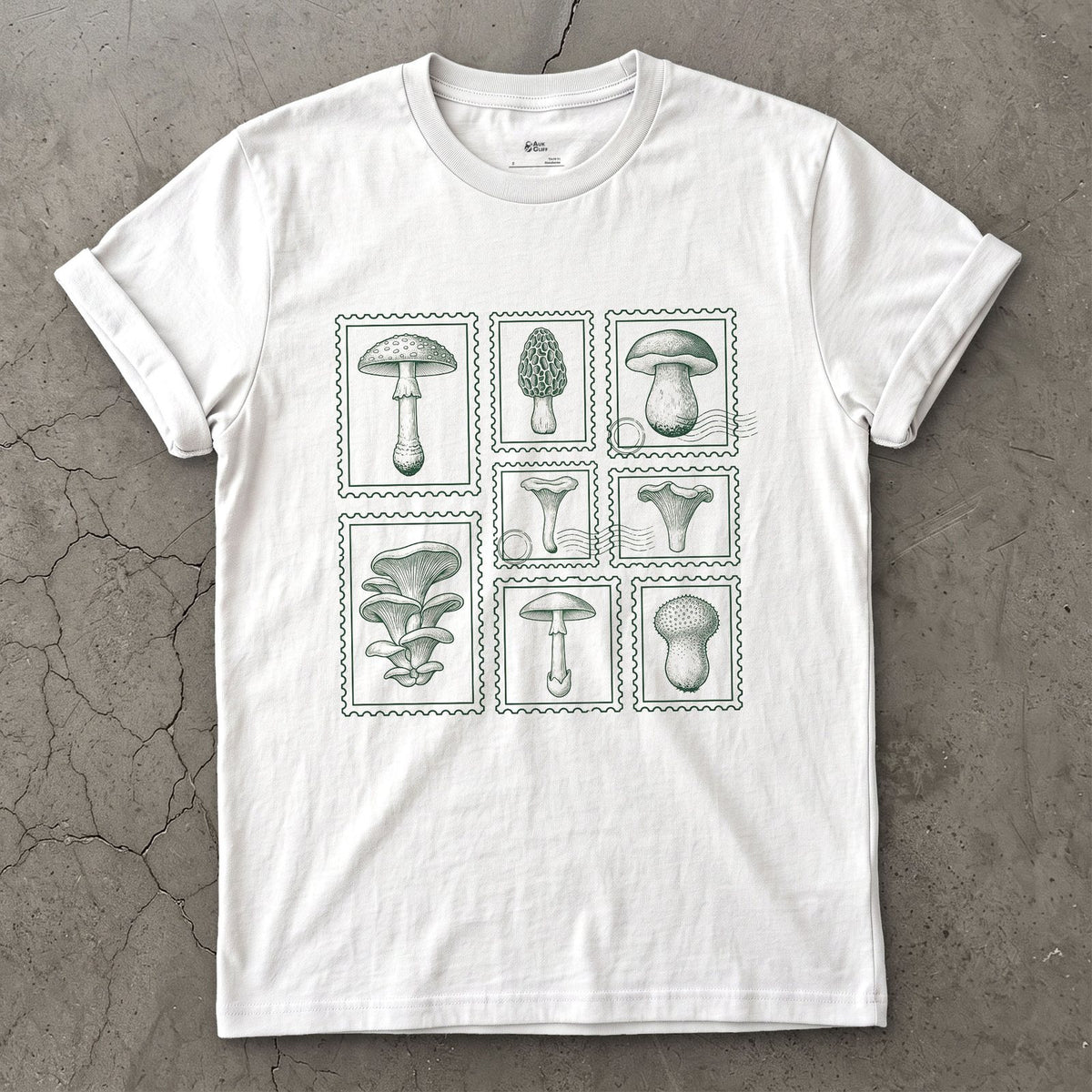 Four Mushrooms Foraged and Framed design on a White Gildan Softstyle t-shirt