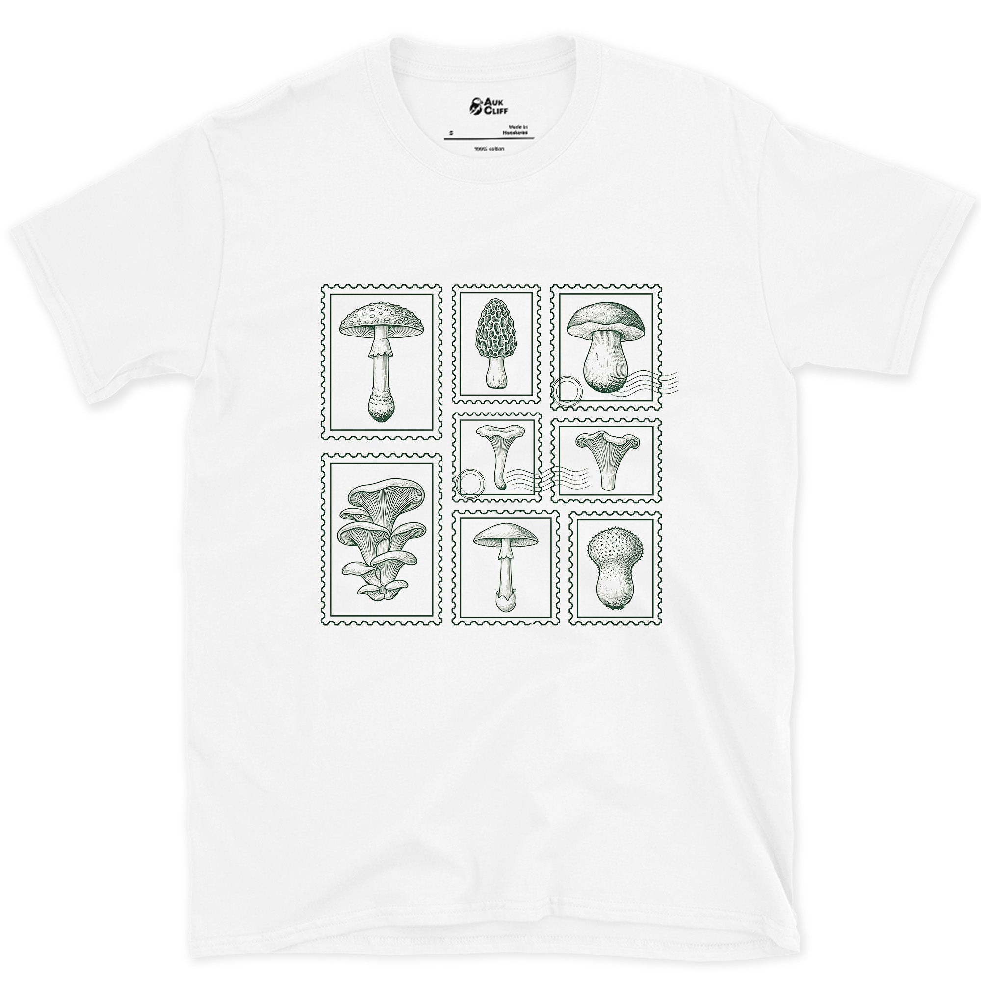 Four Mushrooms Foraged and Framed design on a White Gildan Softstyle t-shirt