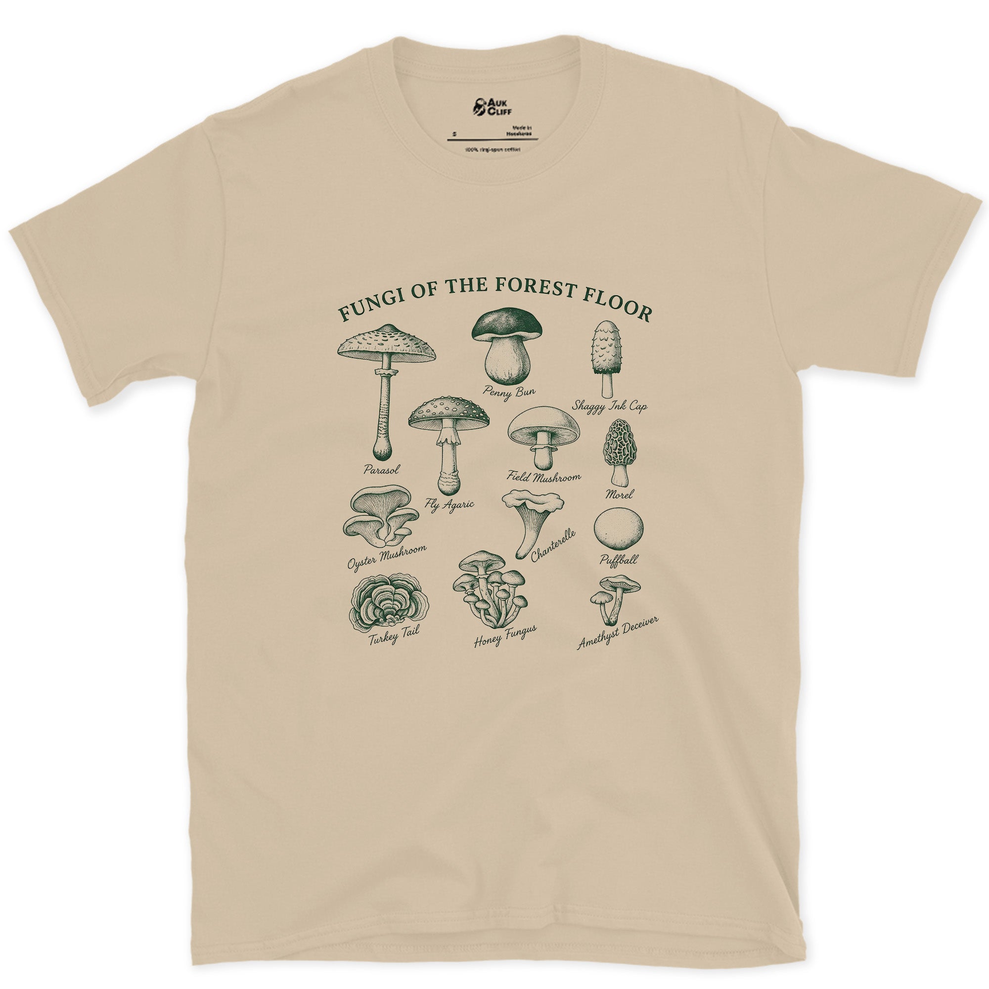 Nine Fungi of the Forest Floor design on a Sand Gildan Softstyle t-shirt