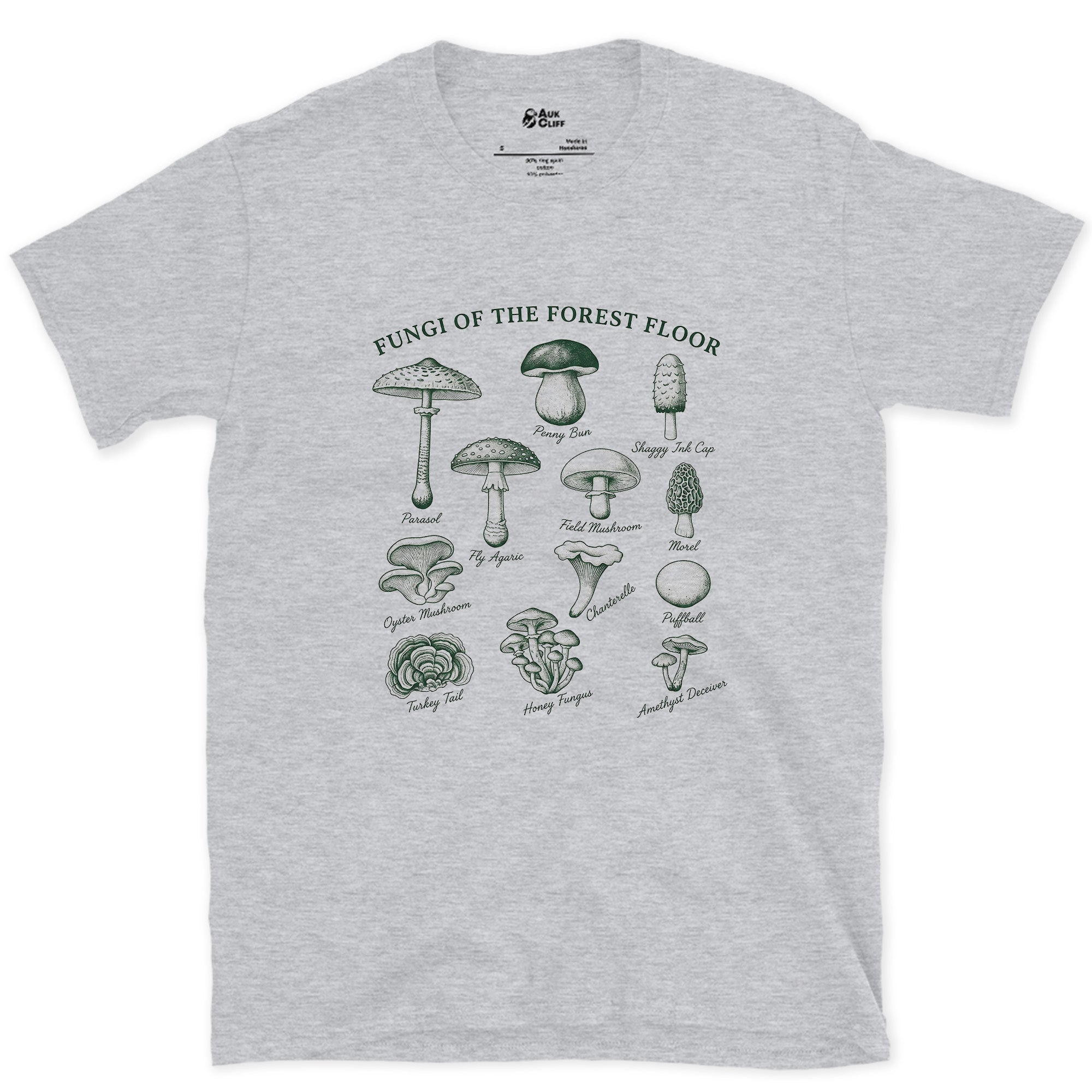 Nine Fungi of the Forest Floor design on a Sport Grey Gildan Softstyle t-shirt