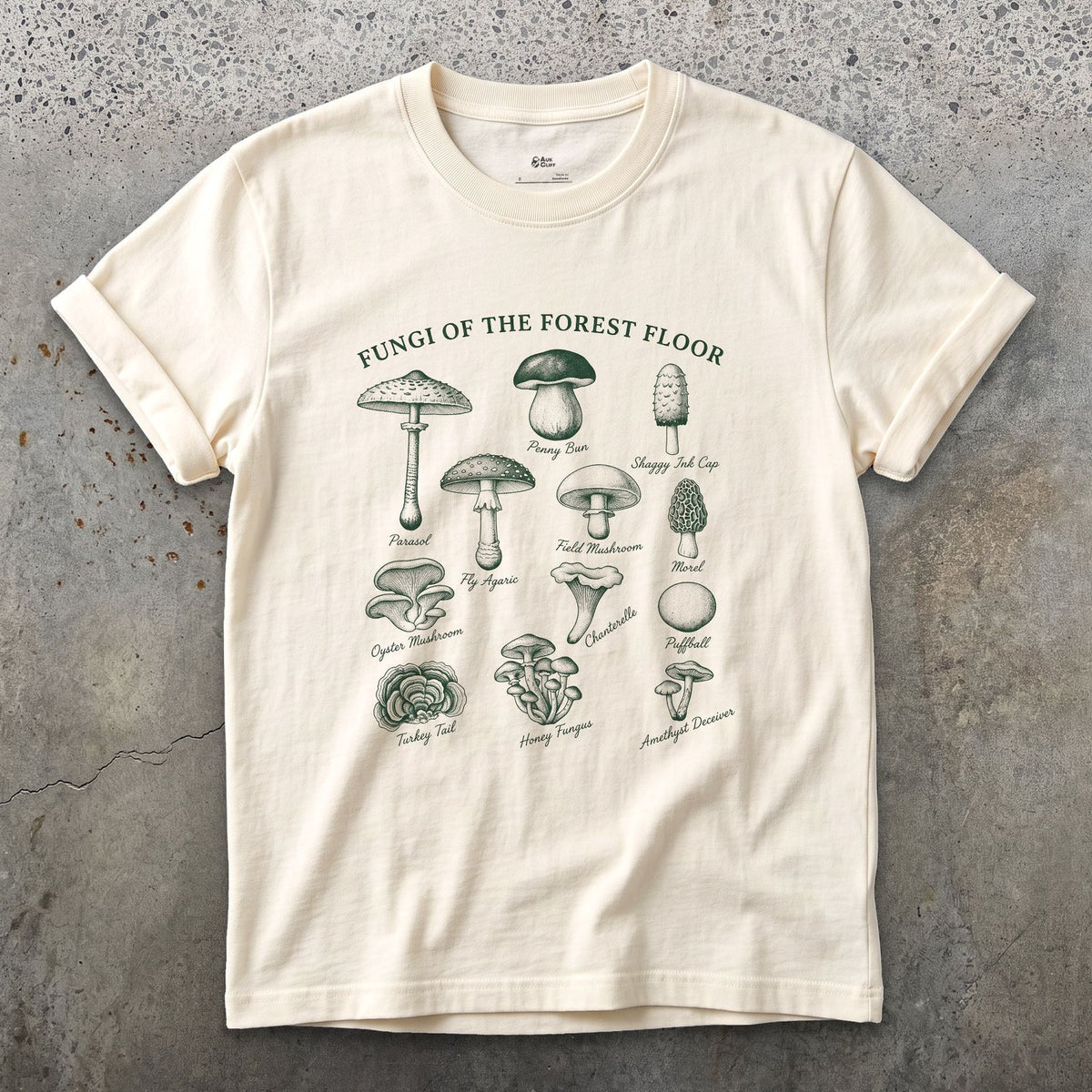 Nine Fungi of the Forest Floor design on a Natural Gildan Softstyle t-shirt
