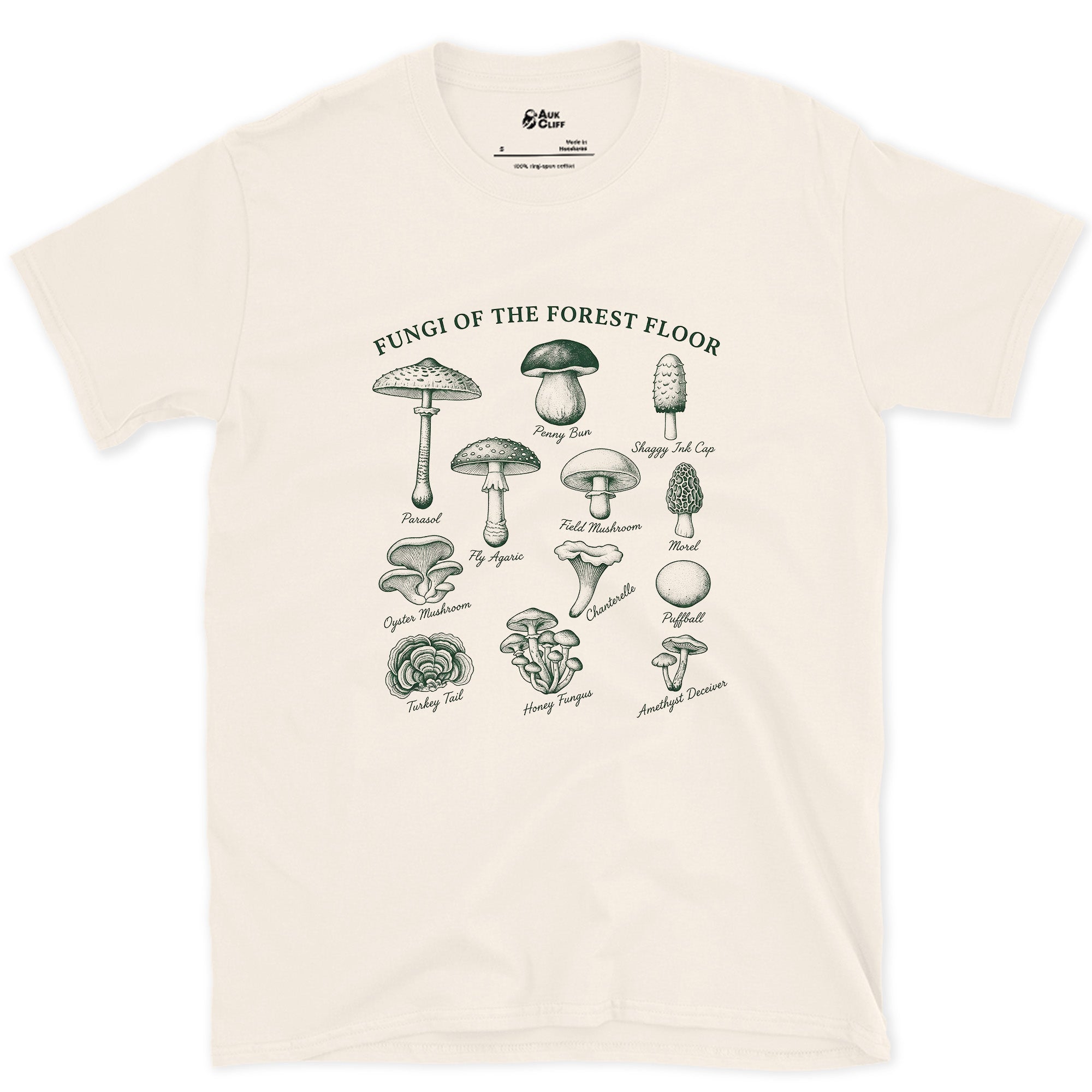 Nine Fungi of the Forest Floor design on a Natural Gildan Softstyle t-shirt