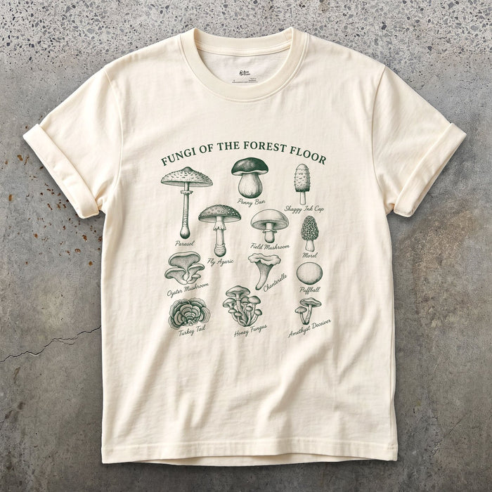 Nine Fungi of the Forest Floor design on a Natural Gildan Softstyle t-shirt