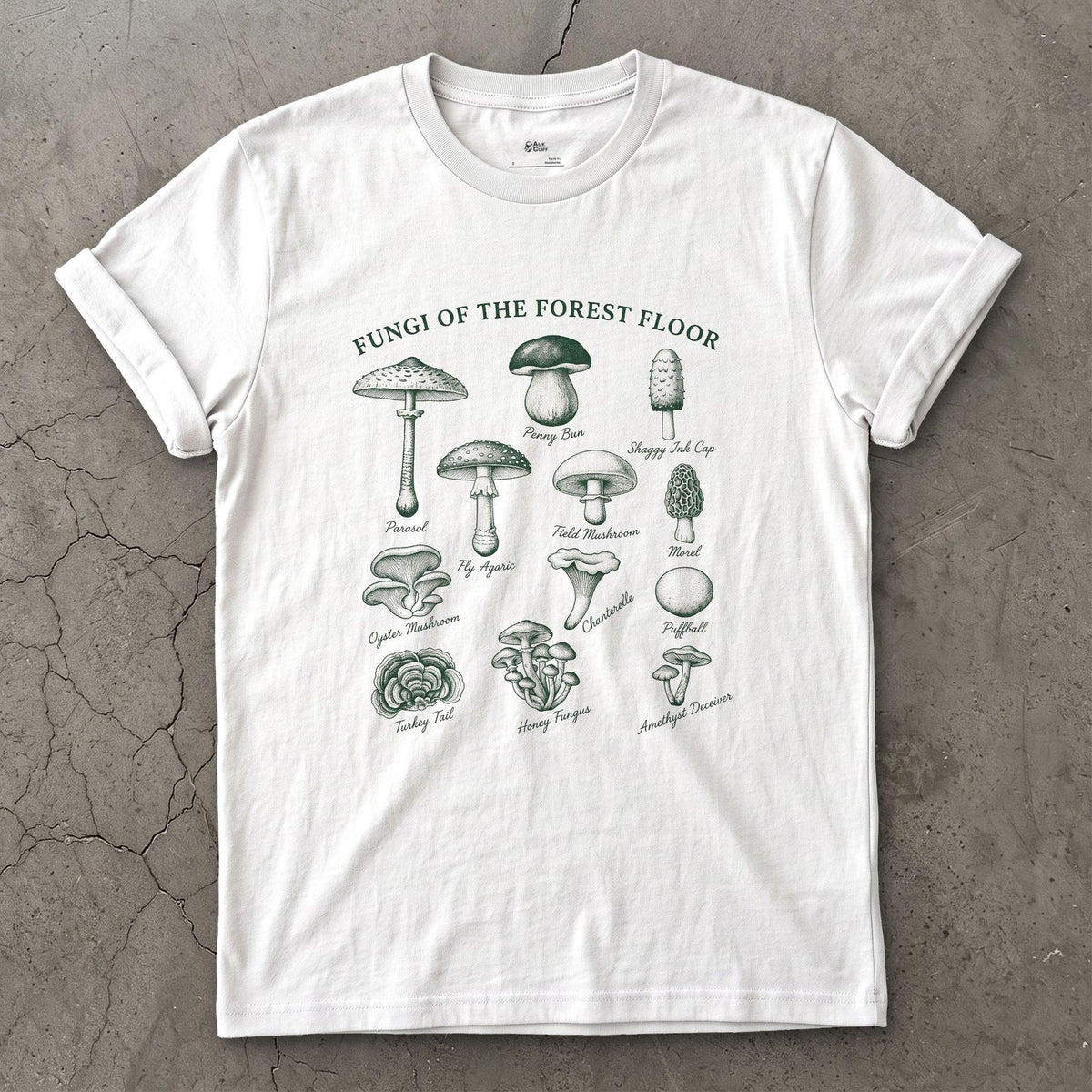 Nine Fungi of the Forest Floor design on a White Gildan Softstyle t-shirt