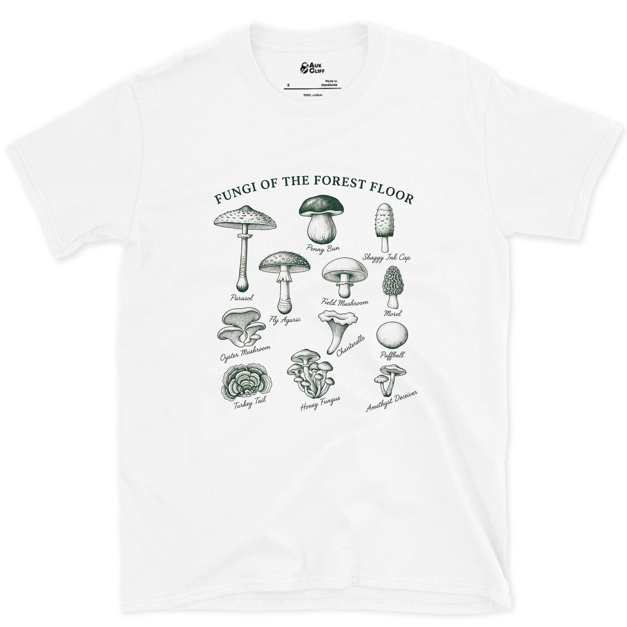 Nine Fungi of the Forest Floor design on a White Gildan Softstyle t-shirt