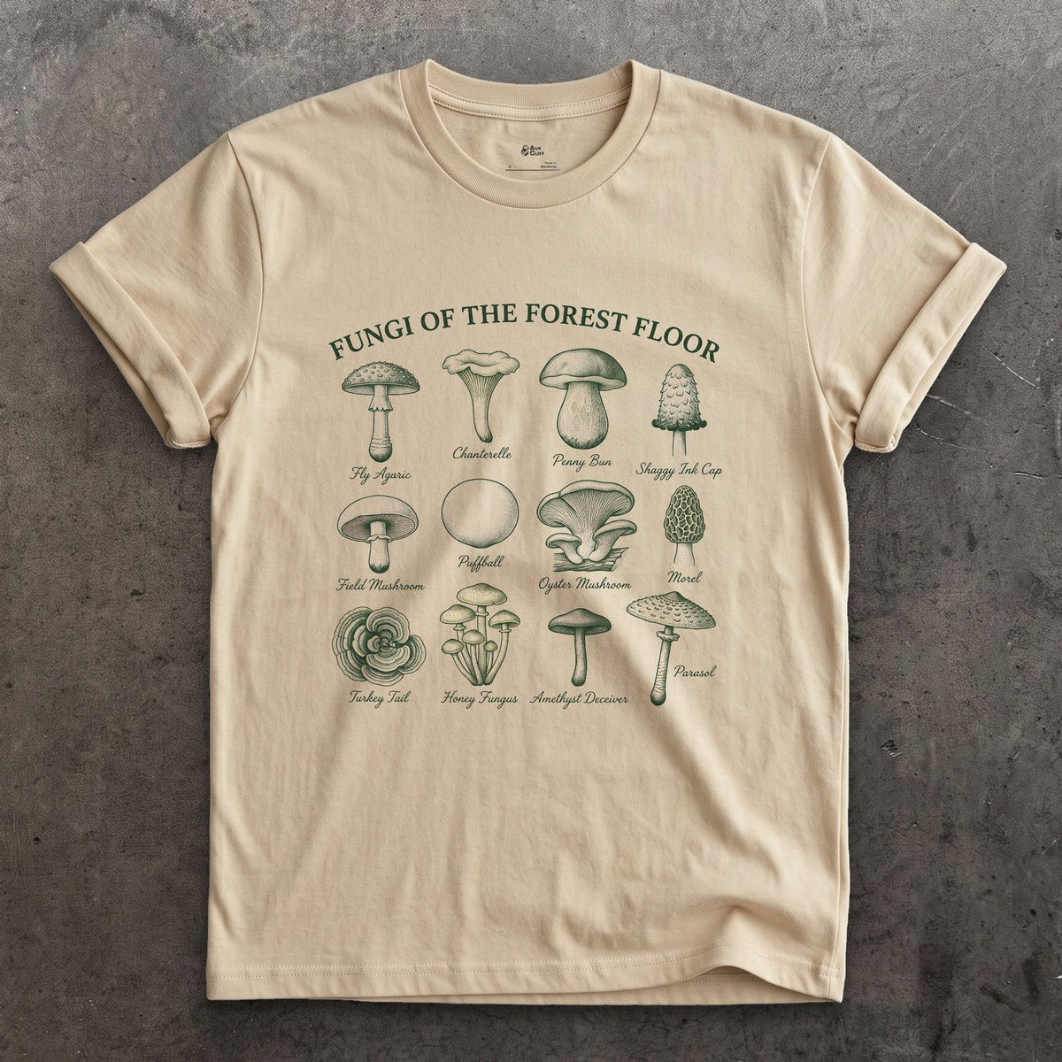 Eight Fungi of the Forest Floor design on a Sand Gildan Softstyle t-shirt