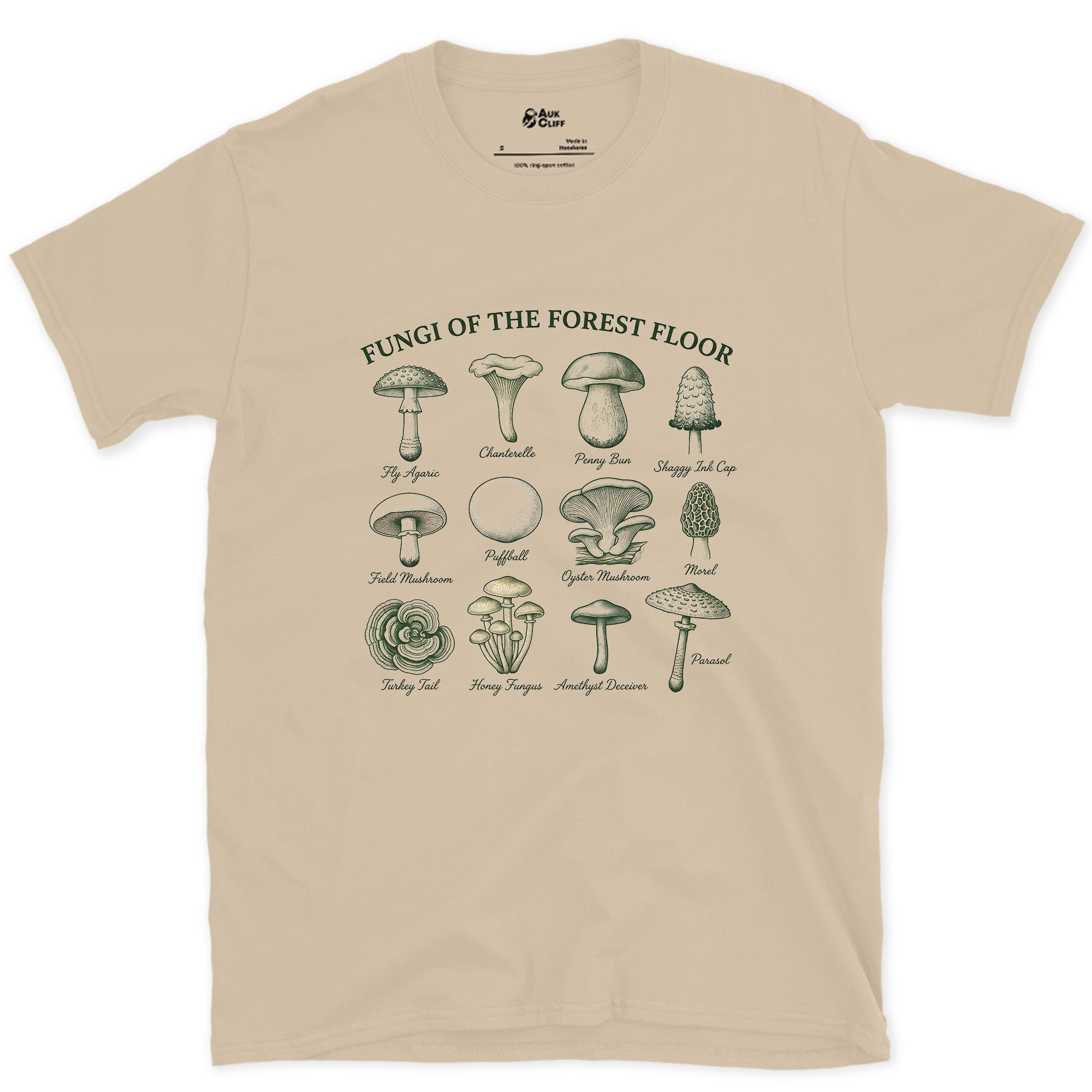 Eight Fungi of the Forest Floor design on a Sand Gildan Softstyle t-shirt