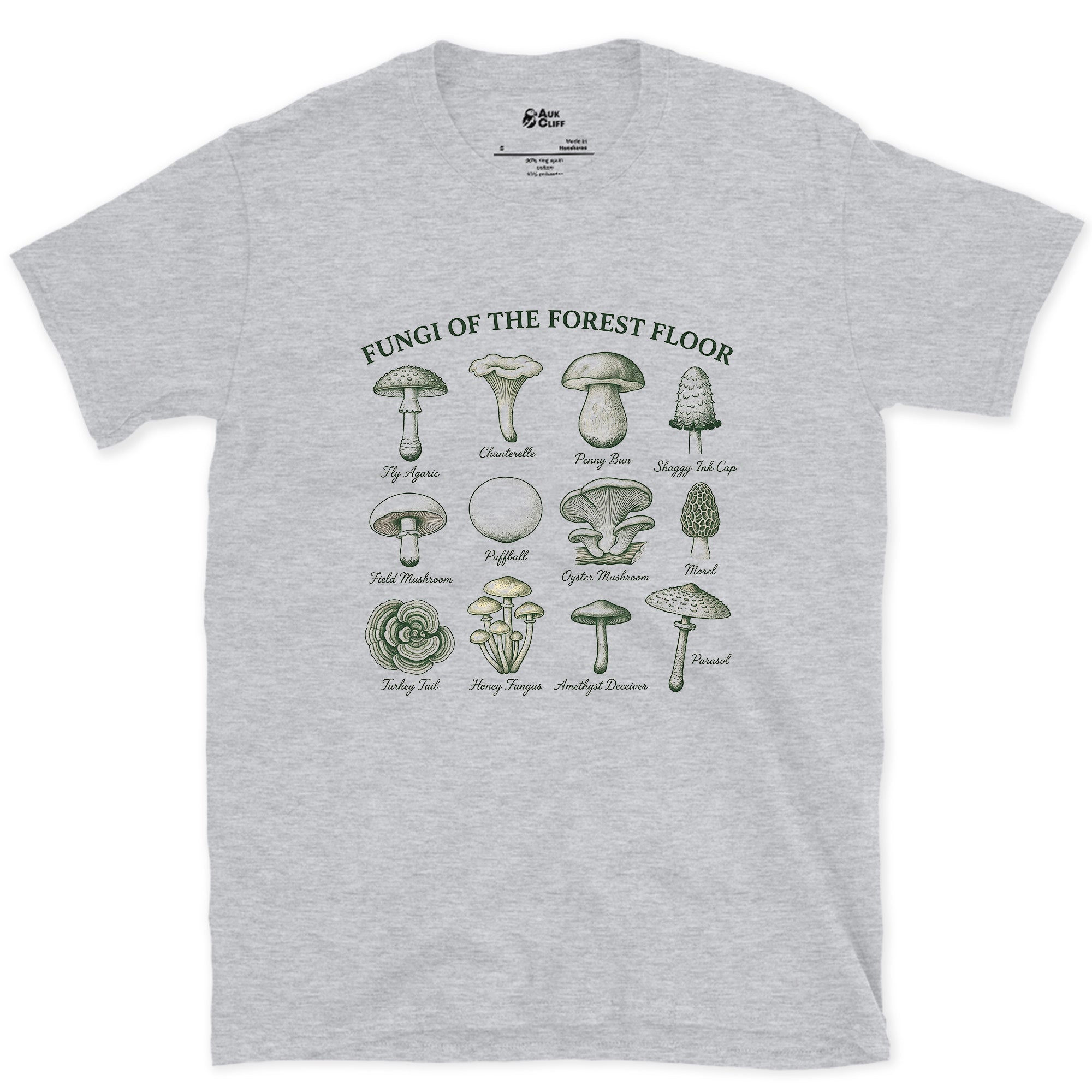 Eight Fungi of the Forest Floor design on a Sport Grey Gildan Softstyle t-shirt