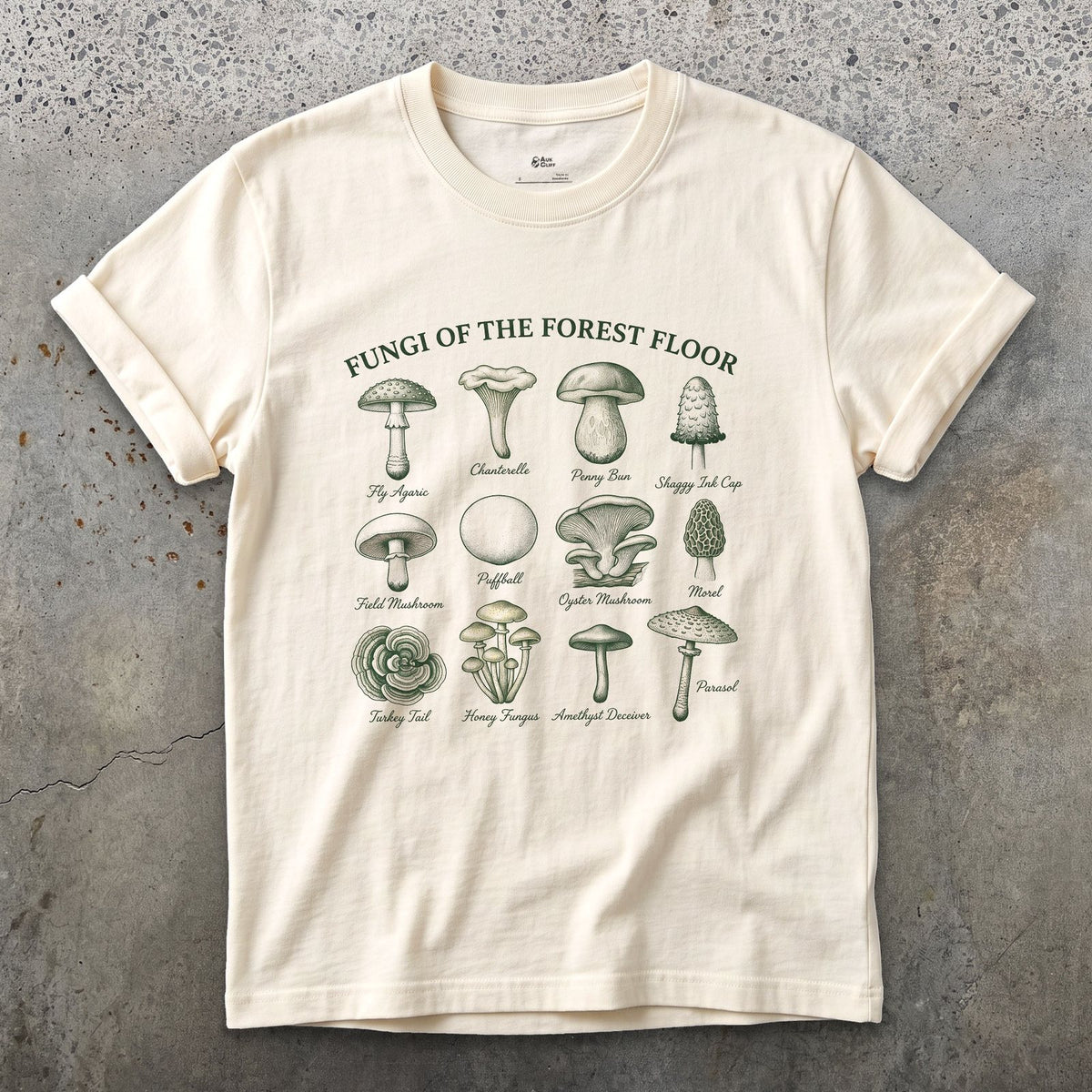 Eight Fungi of the Forest Floor design on a Natural Gildan Softstyle t-shirt